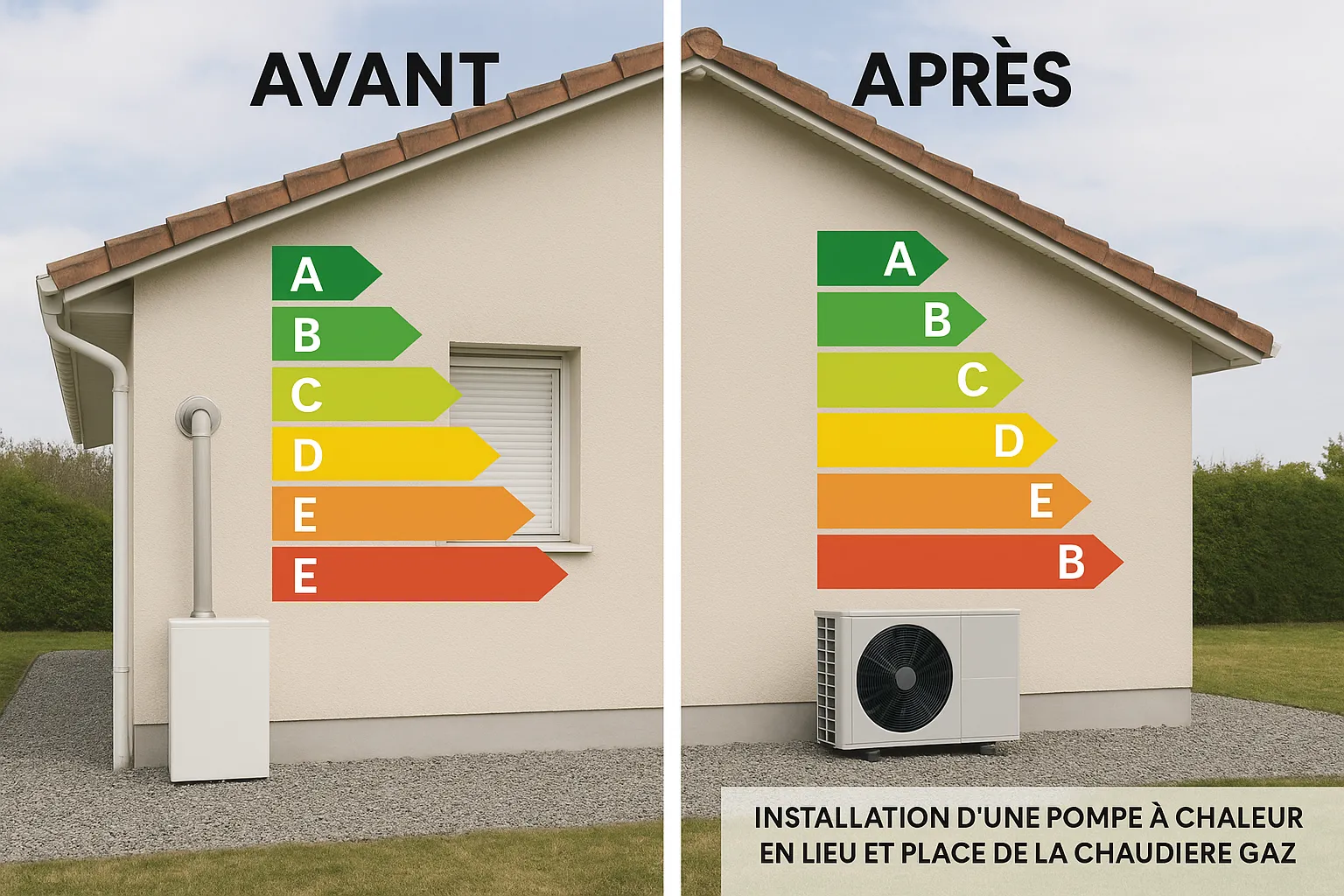 Infographie d’une maison avant/après montrant les étiquettes DPE se transformer de E à B grâce à l’installation d’une pompe à chaleur en lieu et place de la chaudière gaz.