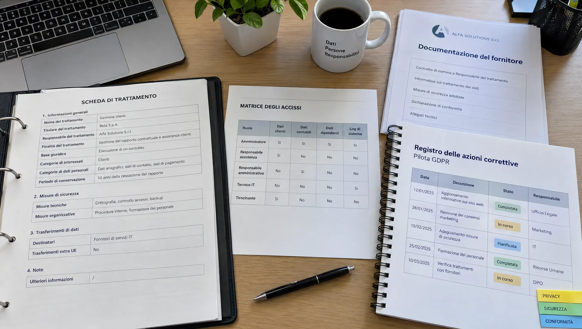Top view of a fictitious processing record open alongside an access matrix, vendor documents and the pilot’s corrective-action log.