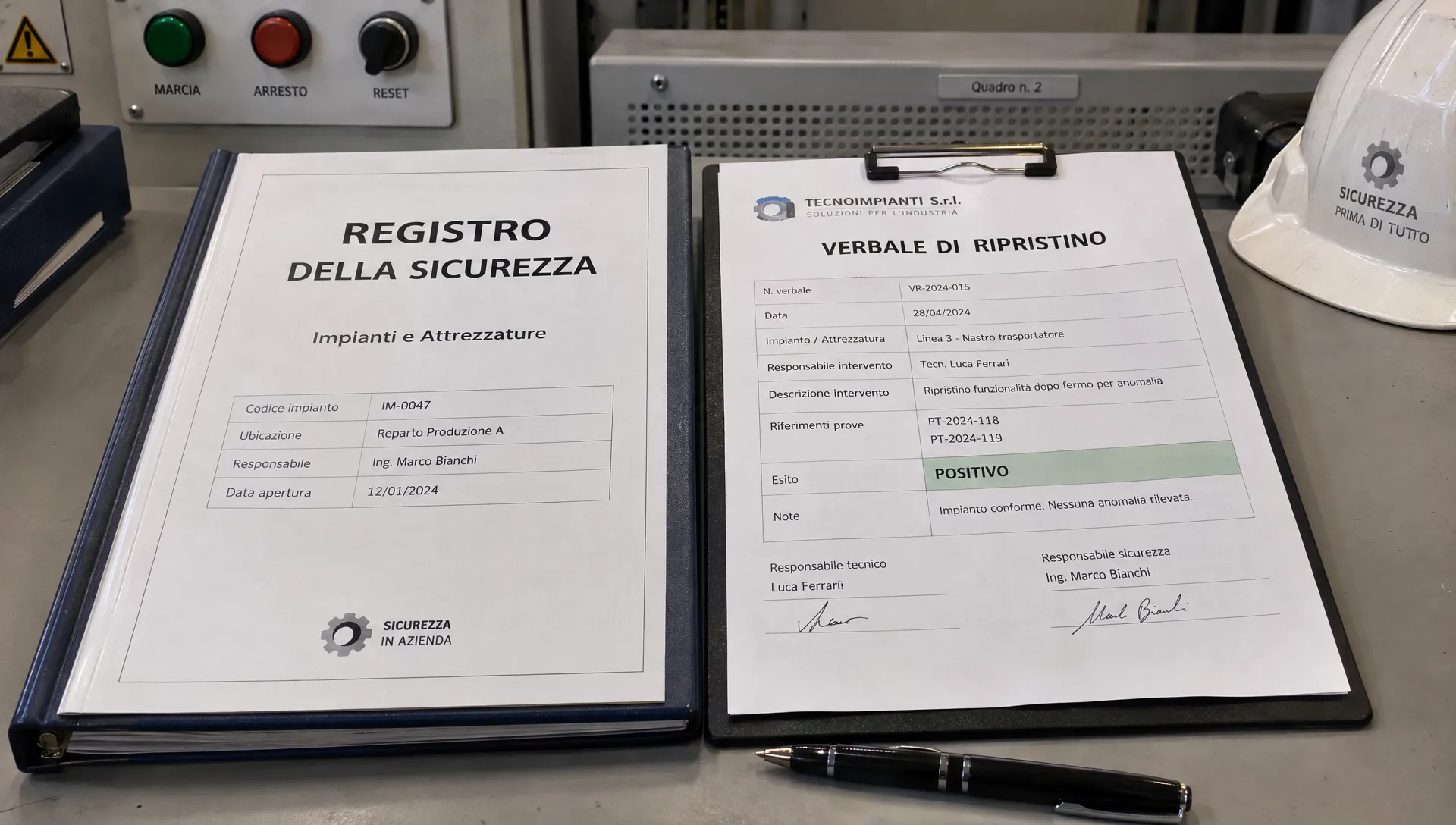 Security register and restore test report side by side on a technical workstation, showing control IDs, responsible parties, outcome and evidence references.