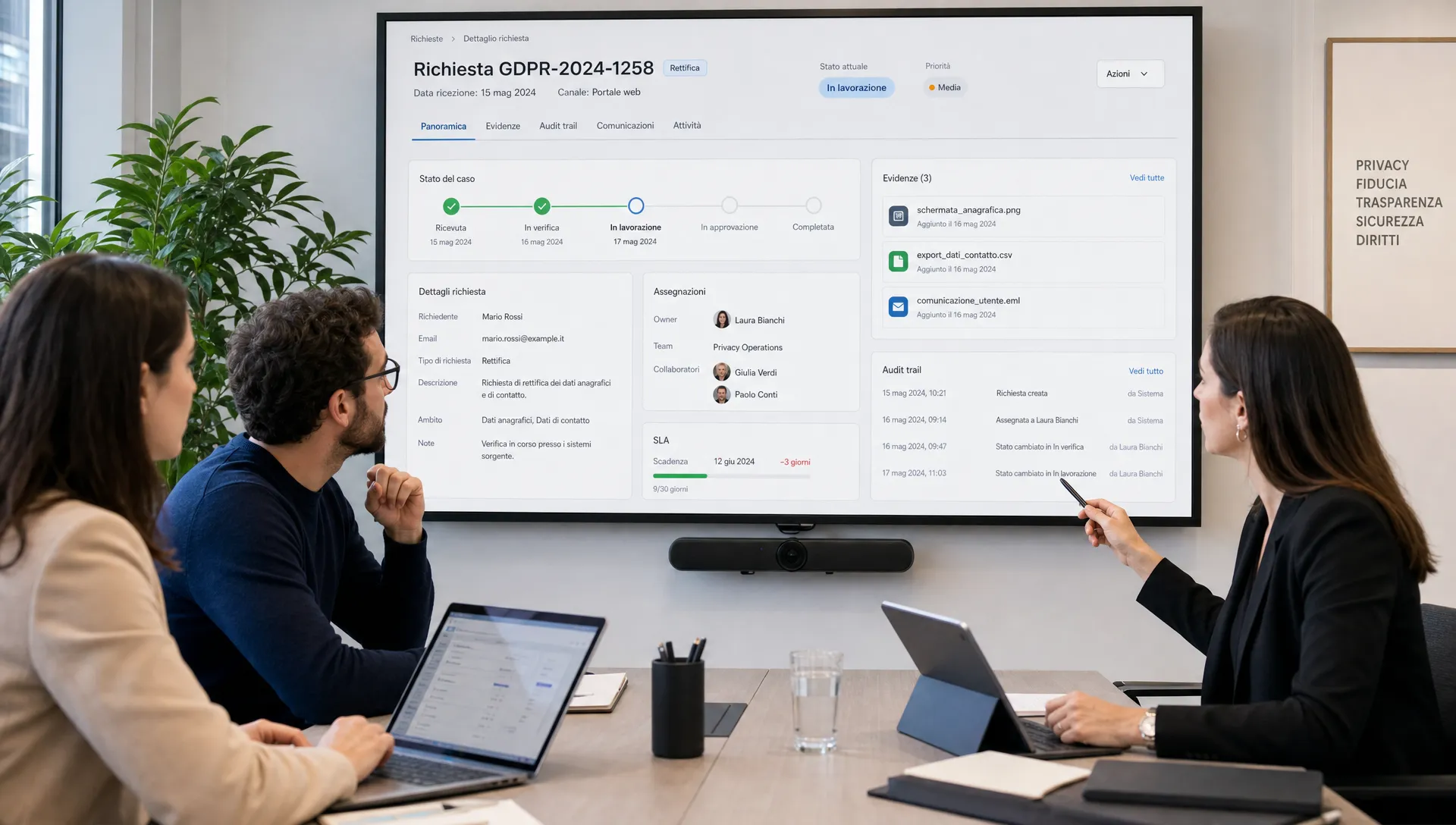 A privacy team reviewing a GDPR request displayed with case states, owners, evidence and audit trail on an operational board.