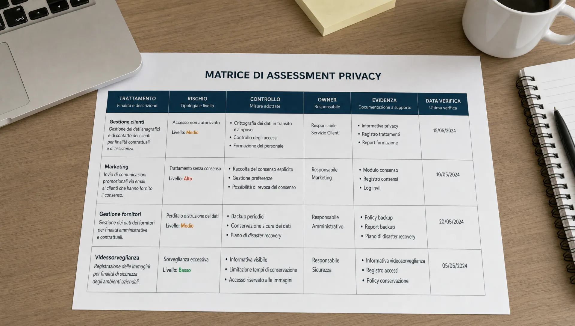 A privacy assessment matrix on a desk shows processing, risk, control, owner, evidence and verification date.