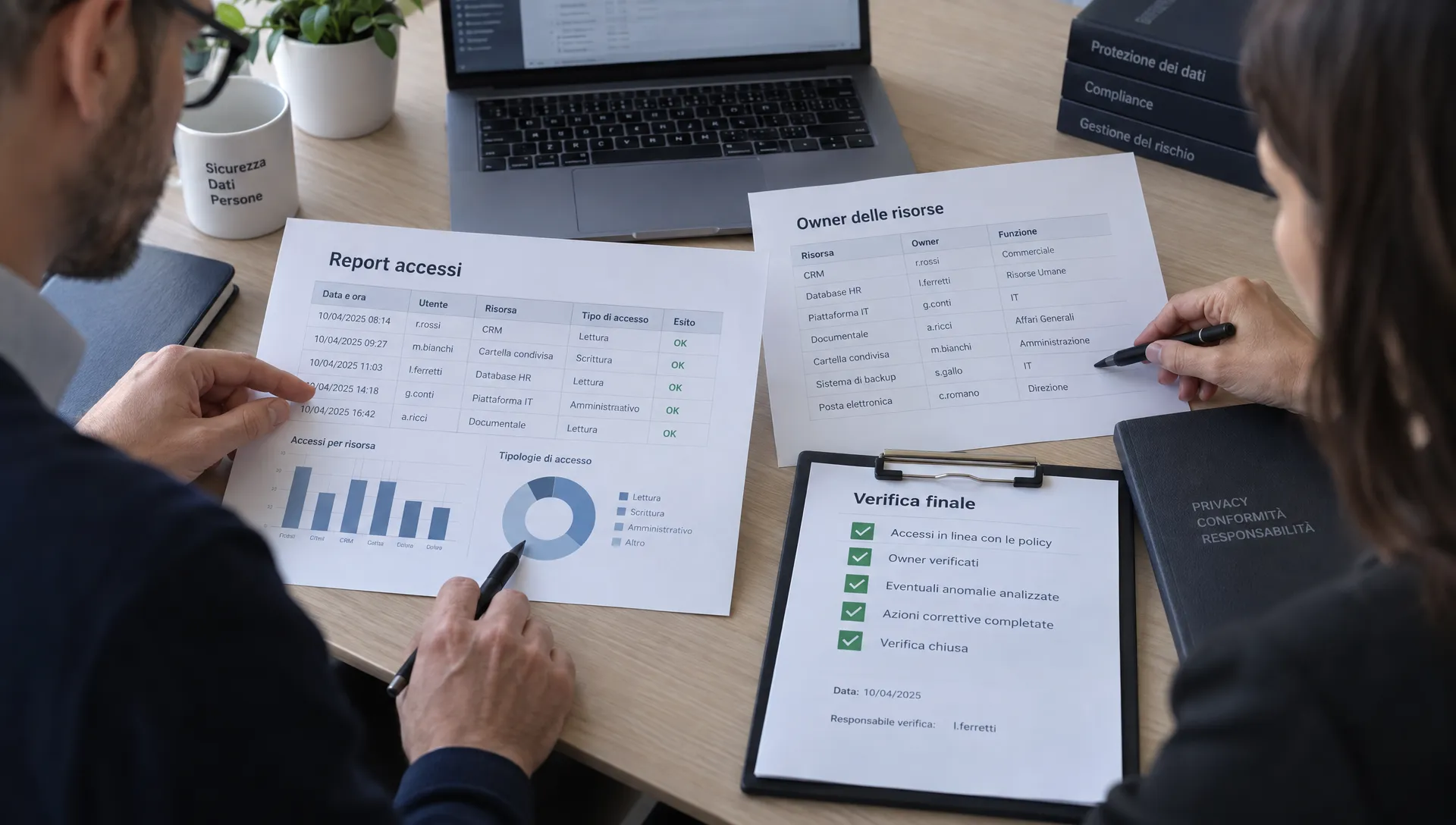 Inquadratura ravvicinata dall’alto delle mani di un responsabile IT e di una referente privacy mentre confrontano un report degli accessi con la scheda degli owner e la registrazione della verifica finale.
