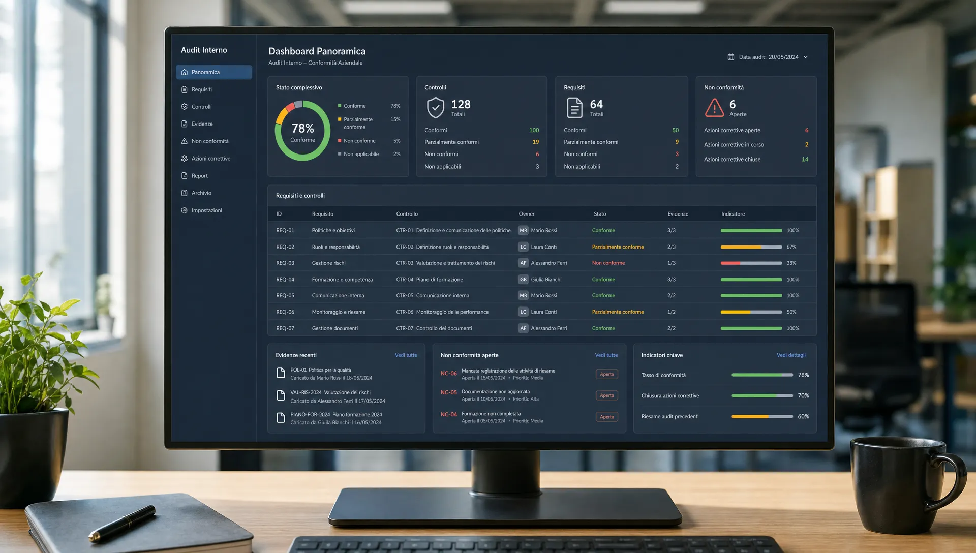 Dashboard su monitor con requisiti, controlli, owner, evidenze e indicatori per un audit interno sulla conformità aziendale.