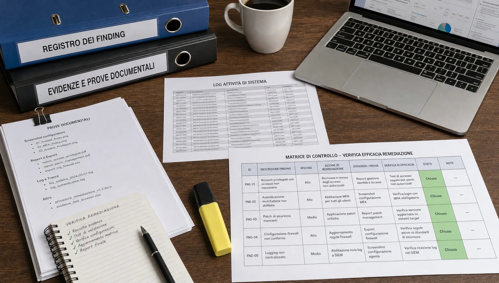 Un tavolo di lavoro mostra un registro dei finding, prove documentali, log stampati e una matrice di controllo per verificare l’efficacia della remediation.
