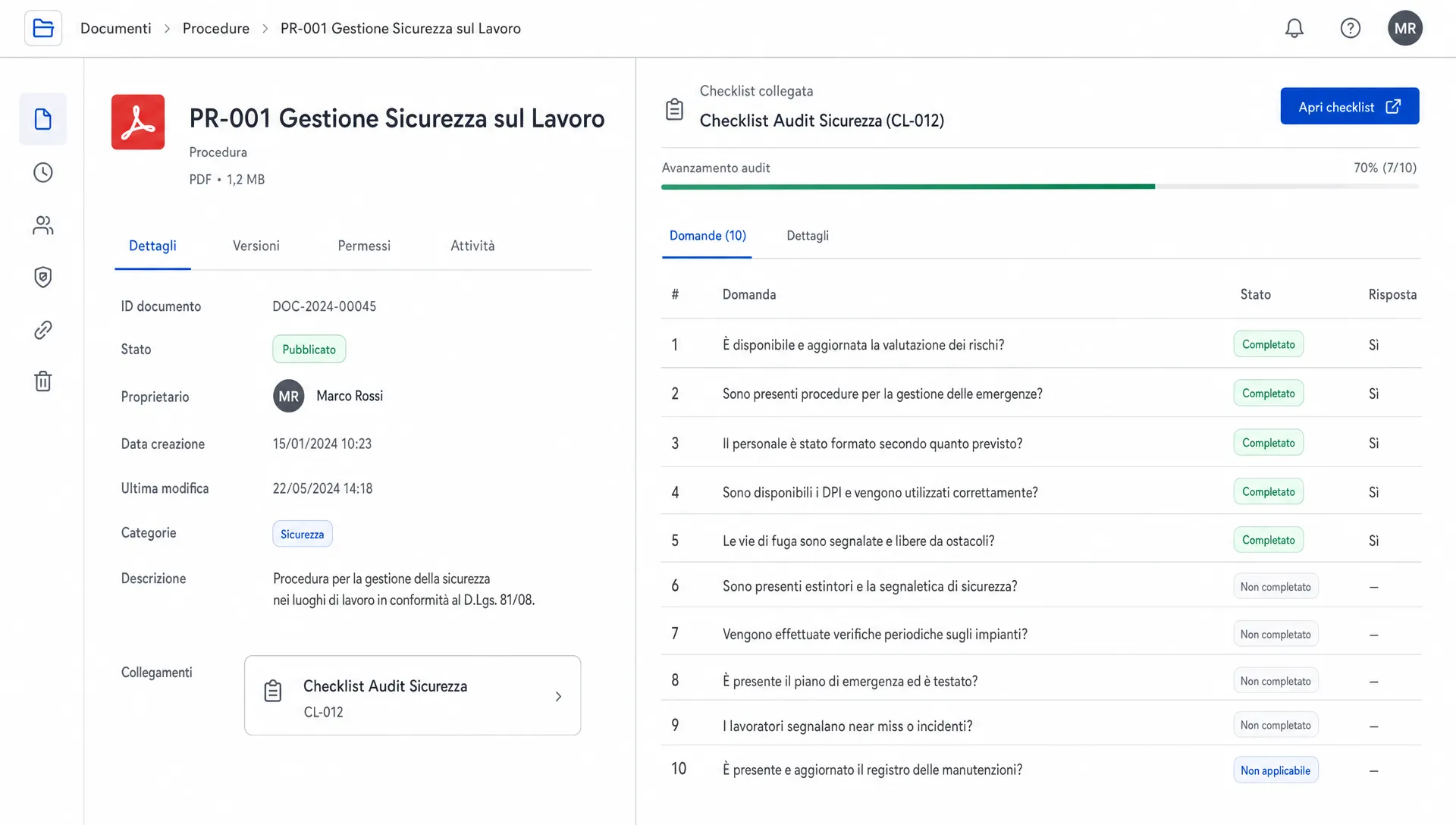 Una cartellina documentale con versioni, permessi e owner collegata a una checklist di audit.