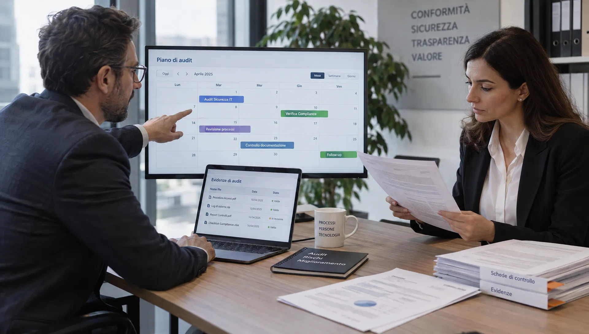 Due responsabili, compliance e IT, confrontano le attività di audit su un calendario di lavoro e verificano le schede di controllo e le evidenze collegate.