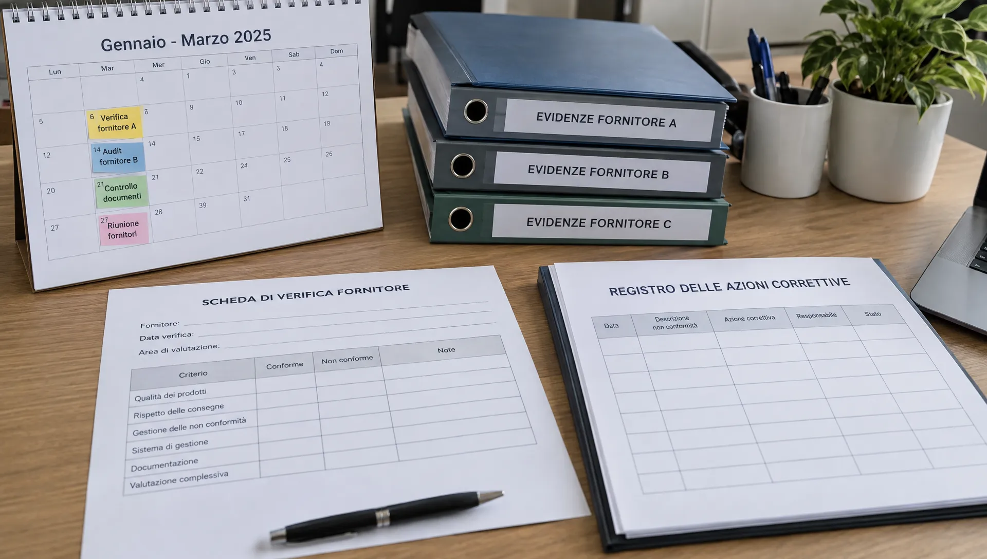 Un calendario trimestrale aperto accanto a schede di verifica, fascicoli delle evidenze e un registro delle azioni correttive organizza i controlli periodici dei fornitori.