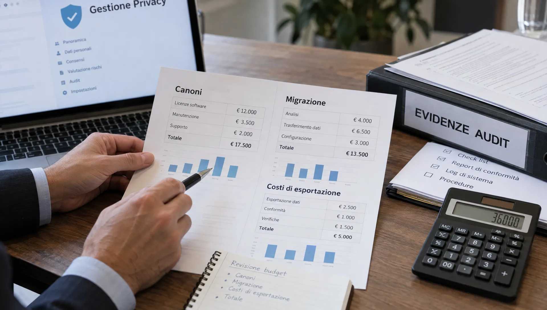 Prospetti con canoni, migrazione e costi di esportazione vengono confrontati accanto a un fascicolo di evidenze di audit e una calcolatrice durante la revisione del budget per un software privacy.