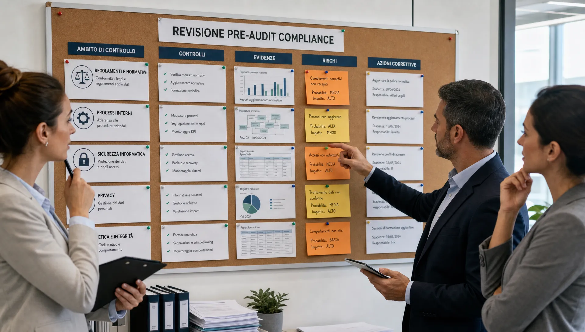 Un team compliance esamina una bacheca fisica con controlli, evidenze, rischi e azioni correttive durante una revisione pre-audit.