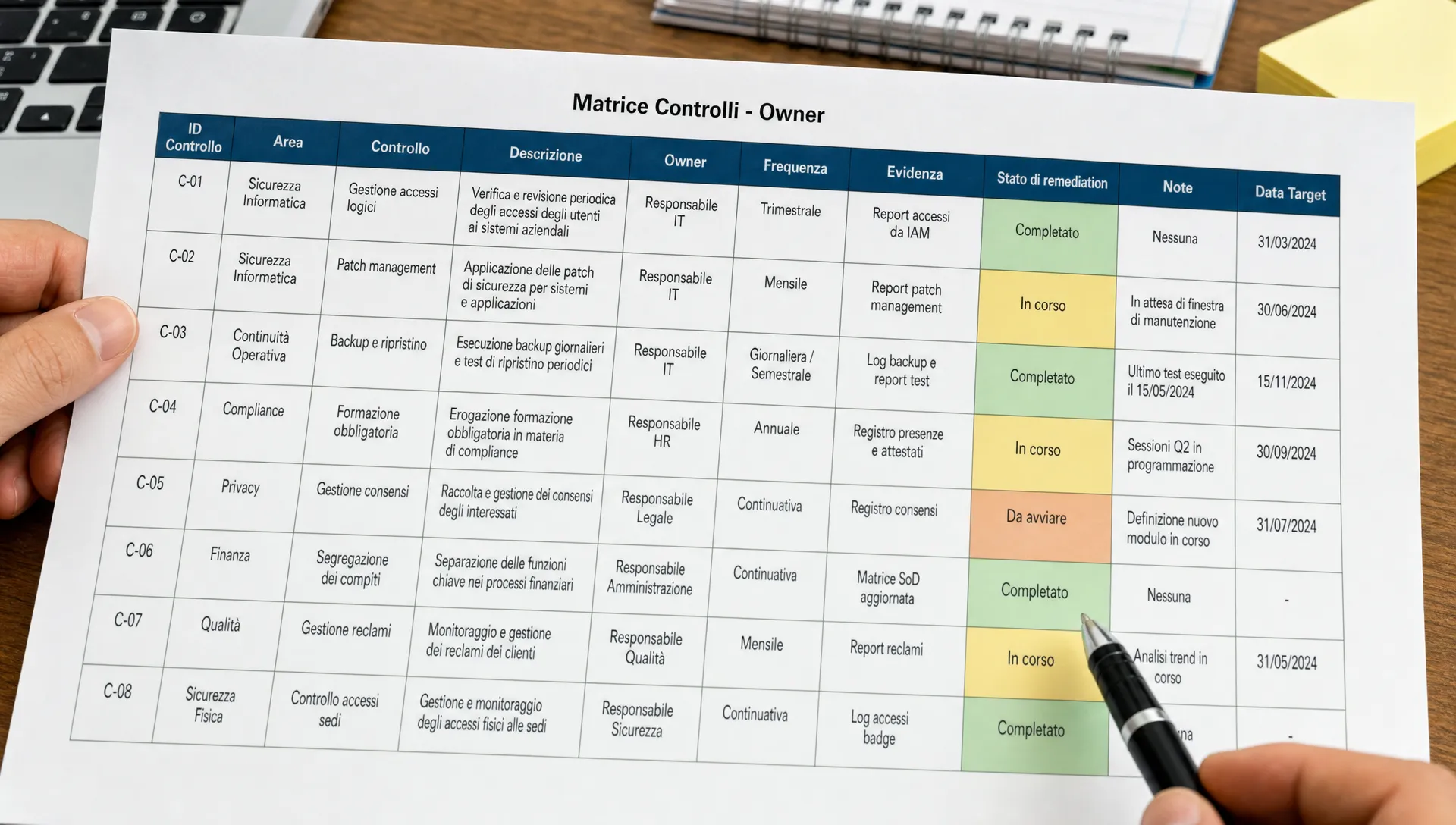 A completed controls–owner matrix shows controls, owners, evidence and remediation status on an operational table.