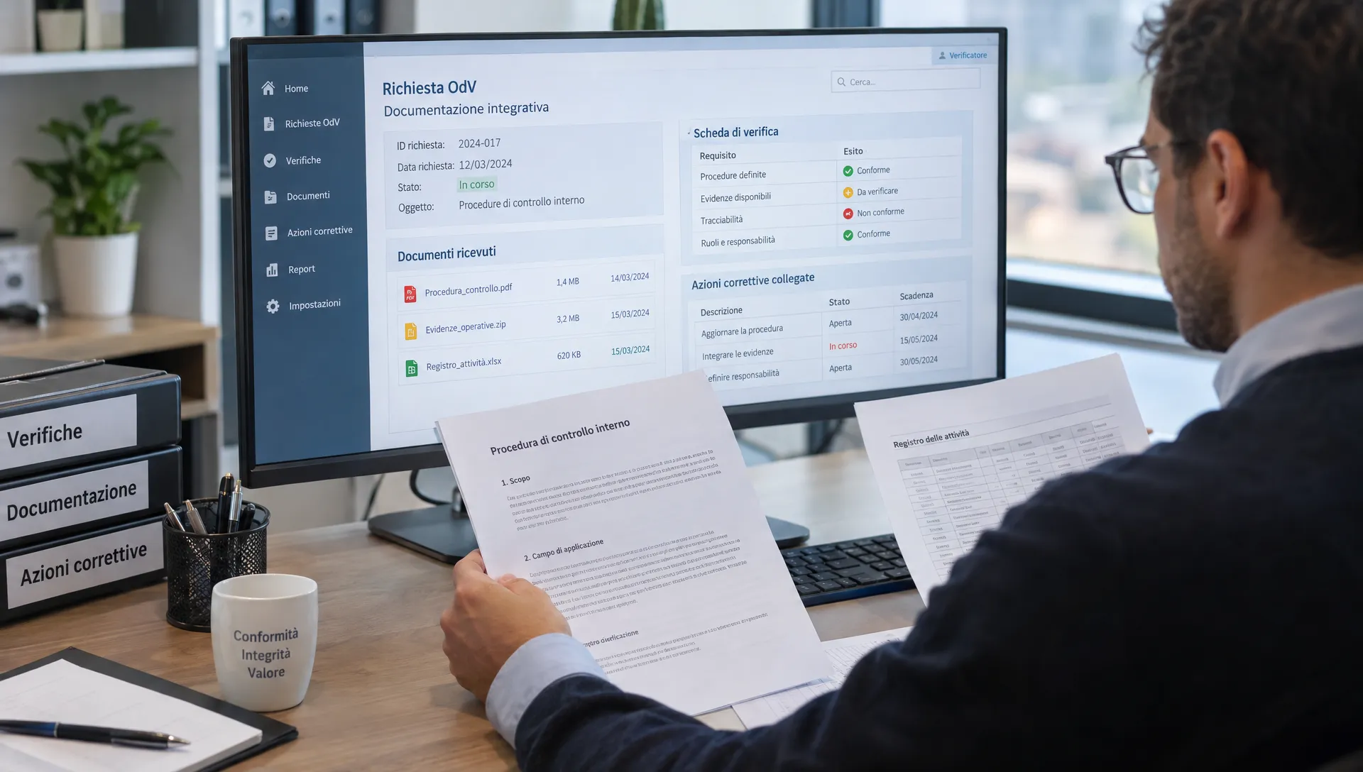 Un verificatore controlla sul monitor una richiesta dell’OdV e confronta i documenti ricevuti con la scheda di verifica e le azioni correttive collegate.