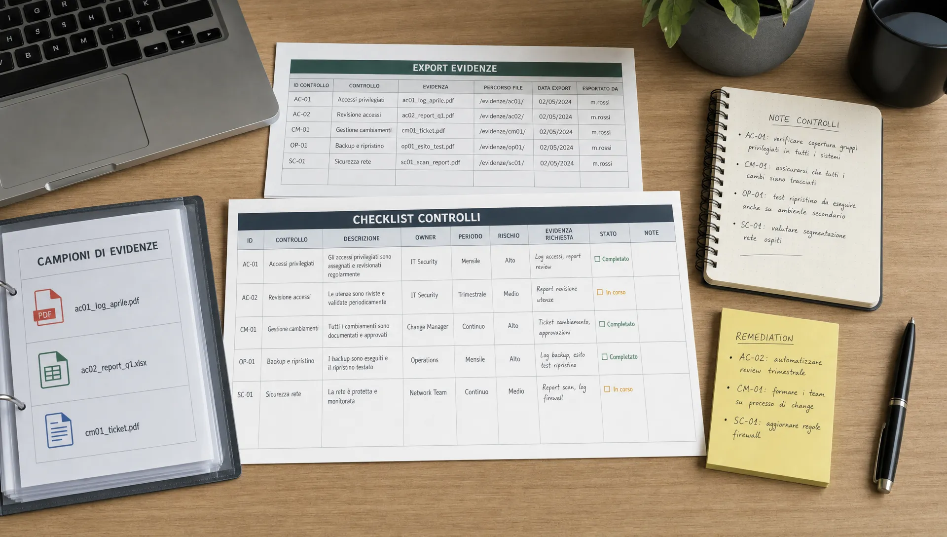 Tavolo di lavoro con campioni di evidenze, export, checklist e note su controlli, owner, periodo, rischio e remediation.