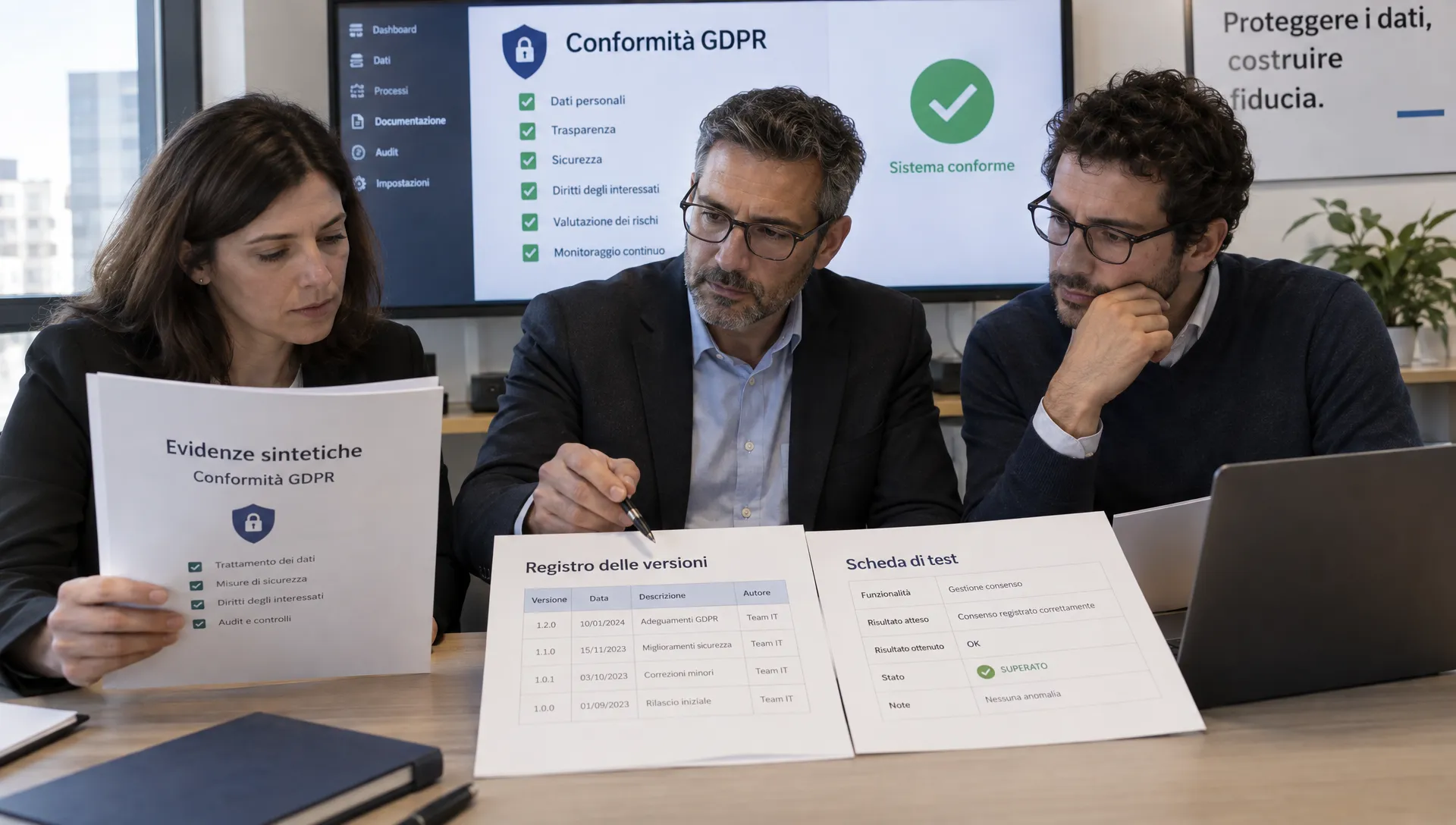 Tre professionisti adulti confrontano un fascicolo di evidenze sintetiche, il registro delle versioni e una scheda di test durante la valutazione di un software GDPR compliance.