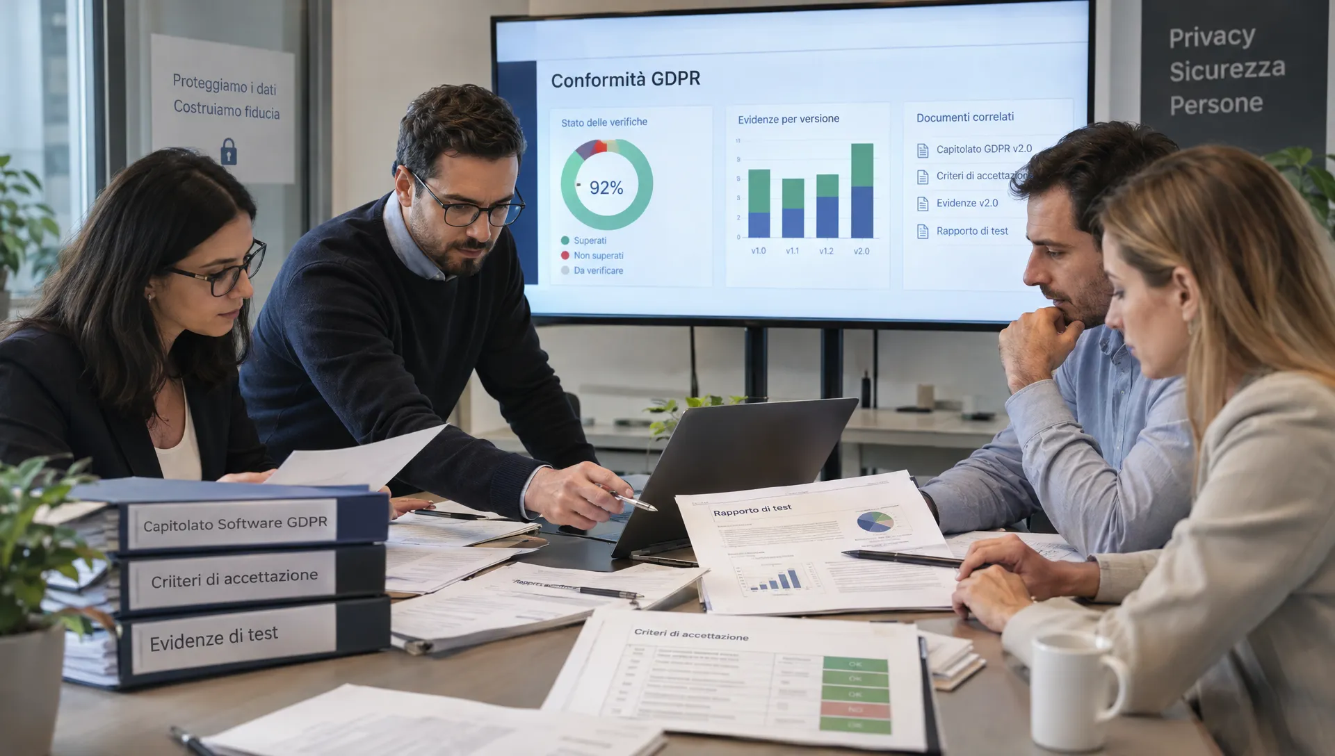 A team verifies a GDPR software tender at a test bench, comparing acceptance criteria with evidence versions and the test report.