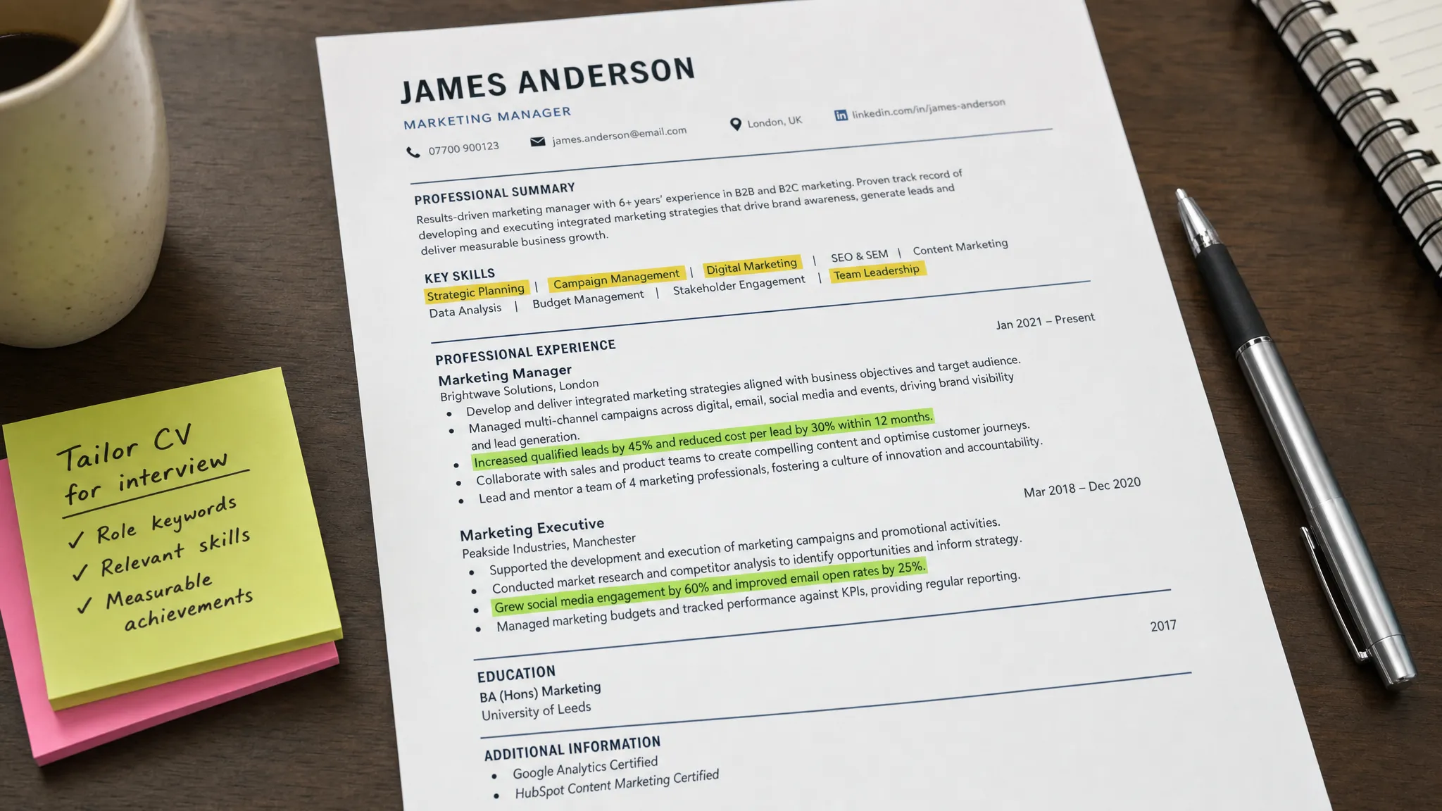 A printed CV profile page on a desk with highlighted role keywords, measurable achievements, and a pen beside it, showing a focused approach to tailoring a CV for interviews.