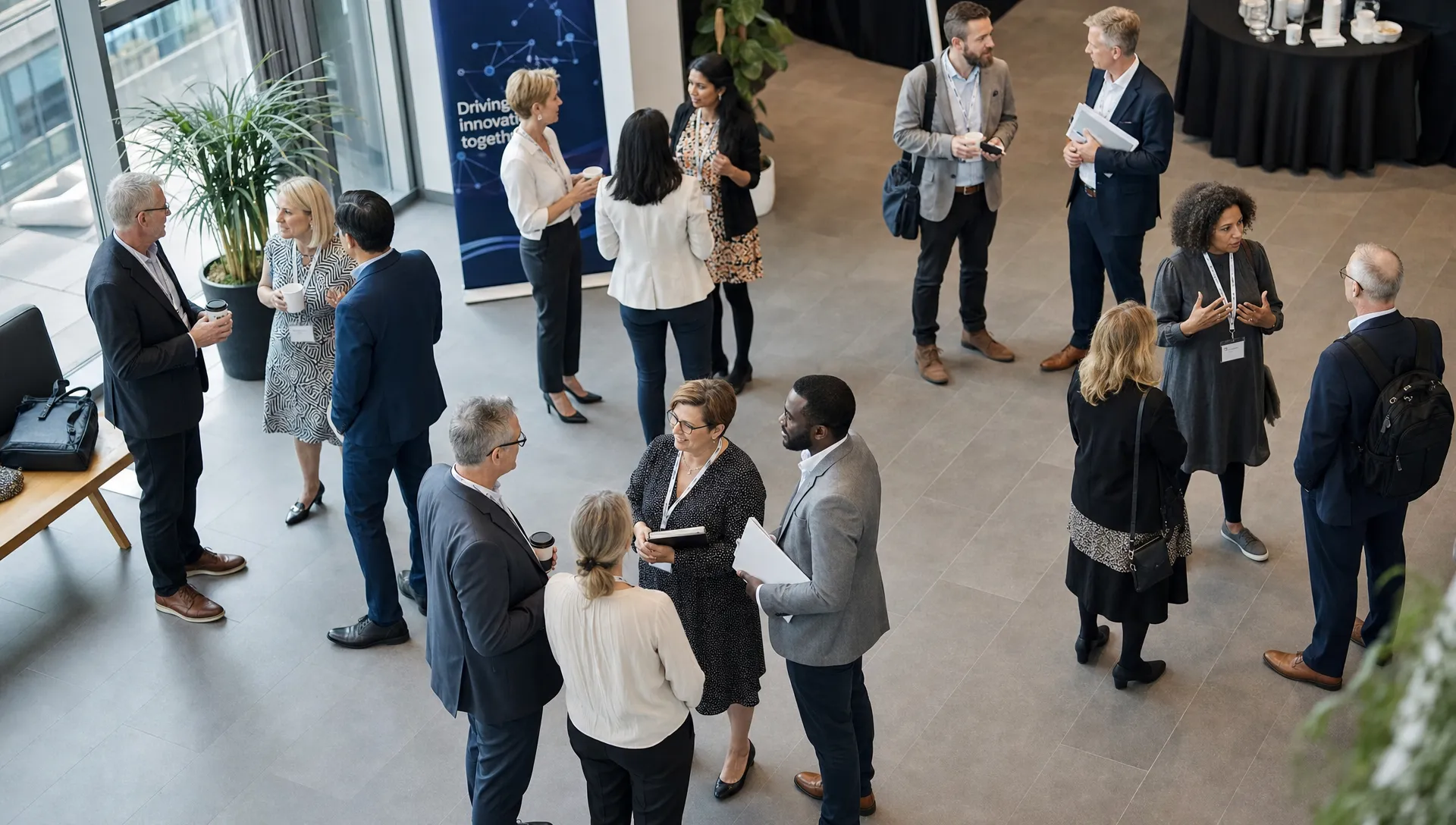A professional networking event with mid-career and senior professionals in conversation, exchanging ideas in a modern conference space with name badges, notebooks, and small discussion groups, seen from above with several small clusters spread across the room.