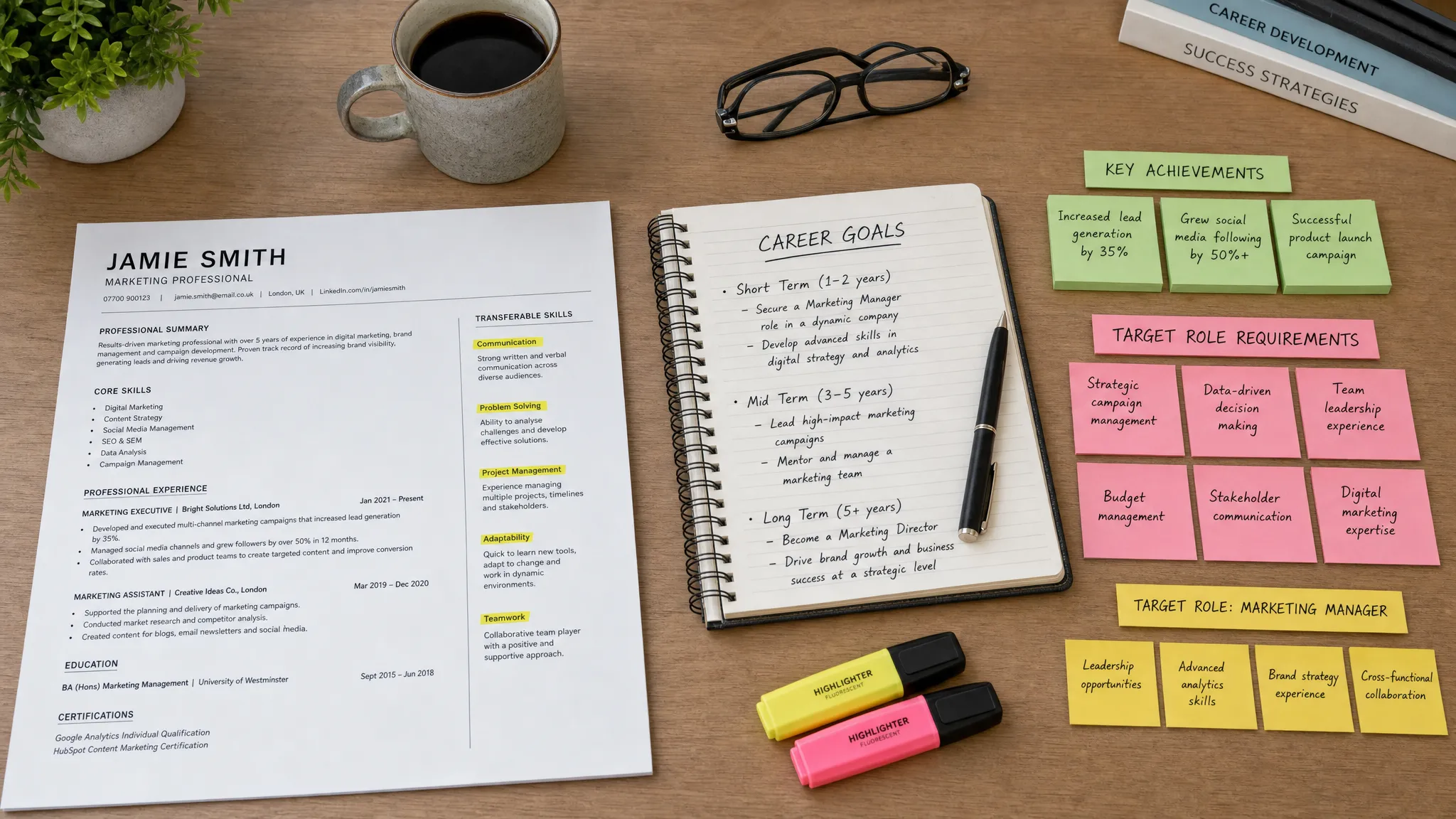 A neatly organised desk with a printed CV, highlighted transferable skills, a notebook showing career goals, and coloured sticky notes grouped by achievements and target role requirements.