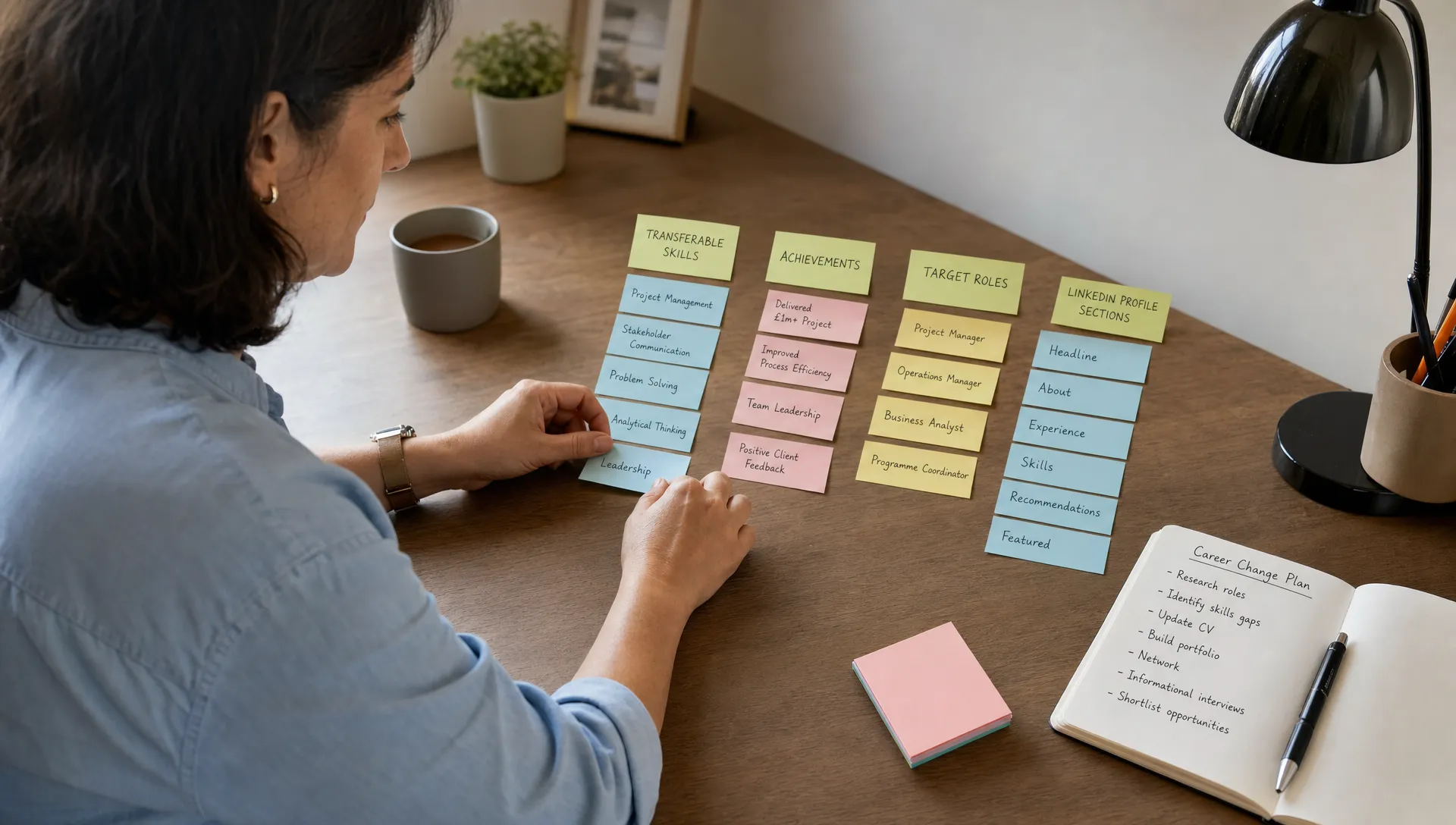 A mid-career professional arranging notes on transferable skills, achievements, target roles, and LinkedIn profile sections on a desk, showing a clear career change planning process from a side angle.