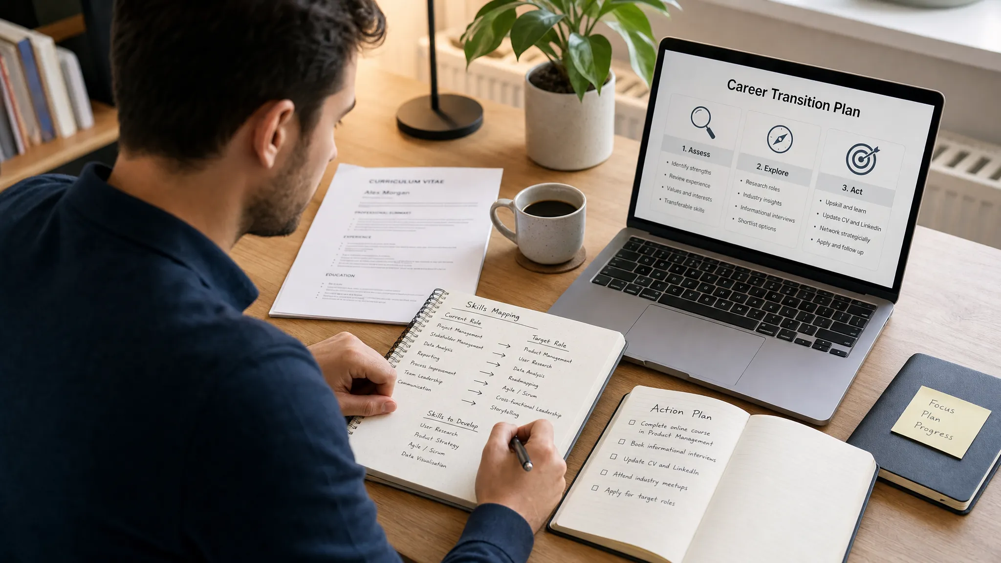 A professional in their early thirties reviewing a career transition plan on a desk with a notebook, printed CV pages and skills mapping notes, with a laptop placed to the side and the screen facing them.