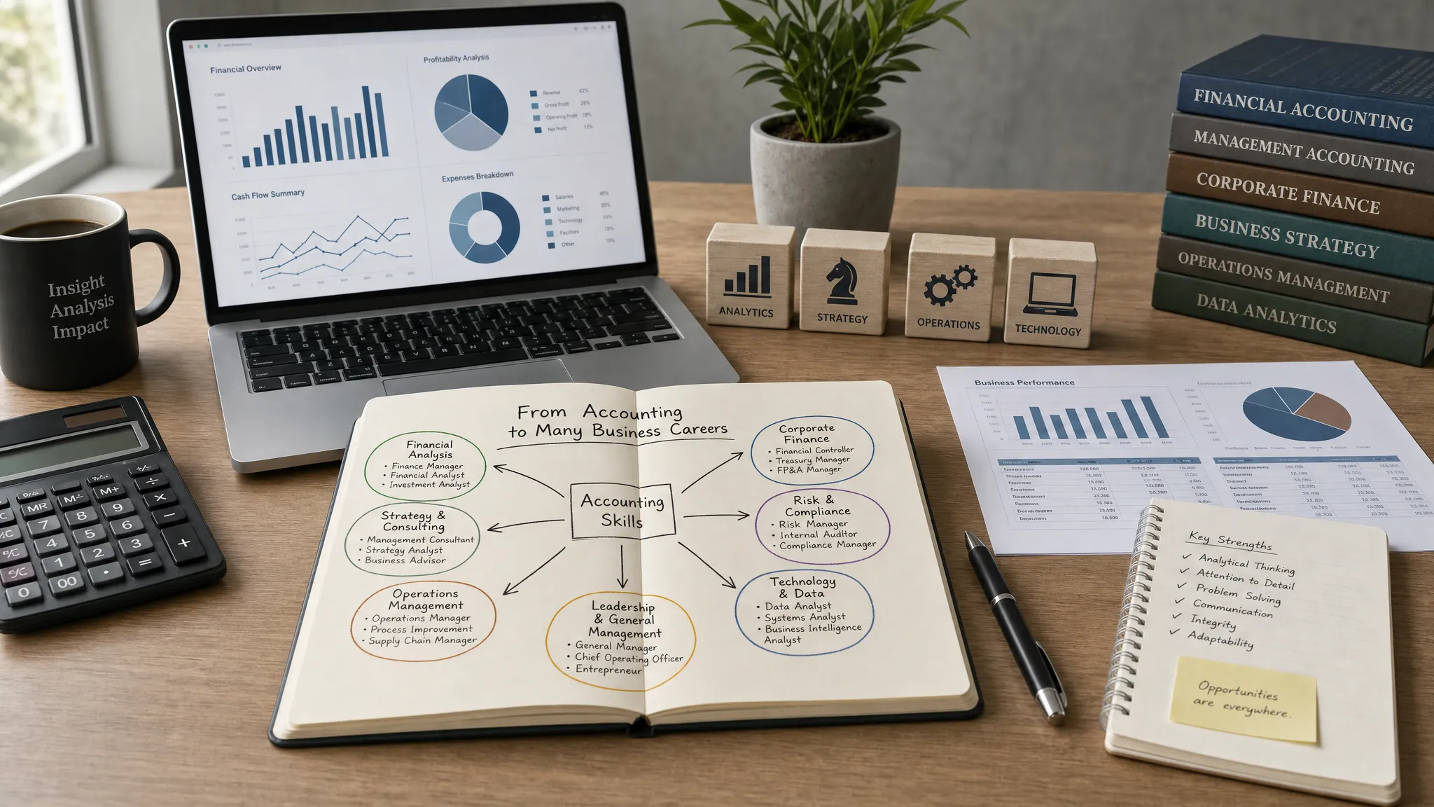 A professional desk with financial reports, a notebook mapping career pathways, and subtle symbols of analytics, strategy, operations, and technology, showing how accounting skills can lead into multiple business careers.