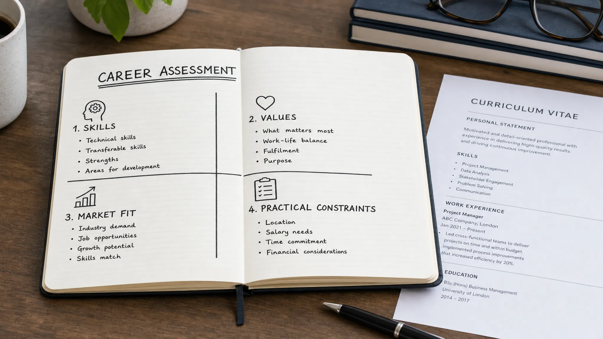 A notebook open on a desk showing four clearly labelled career assessment areas: skills, values, market fit and practical constraints, with a pen and printed CV beside it.