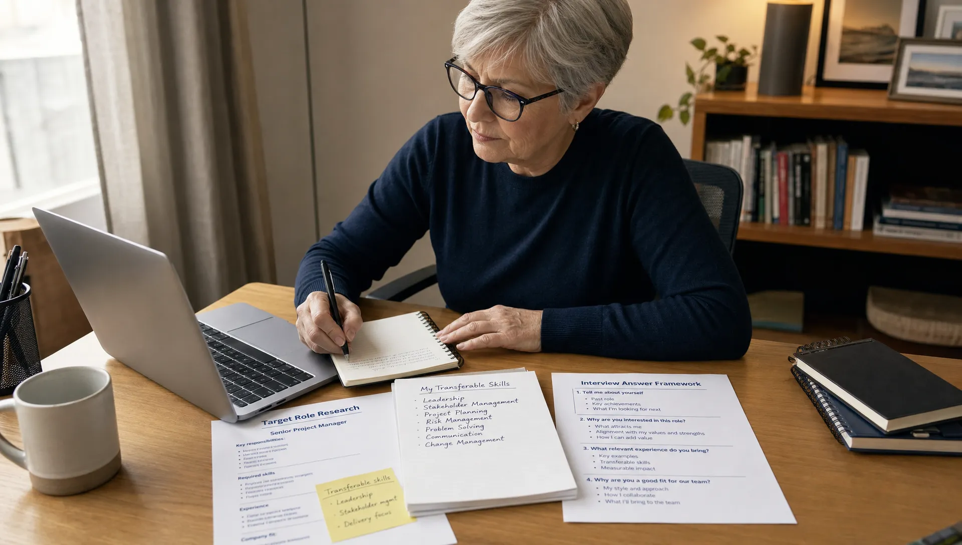 A senior professional preparing for a career change interview at a desk with notes, role research, and structured answer prompts spread across the table beside a laptop open in front of them.
