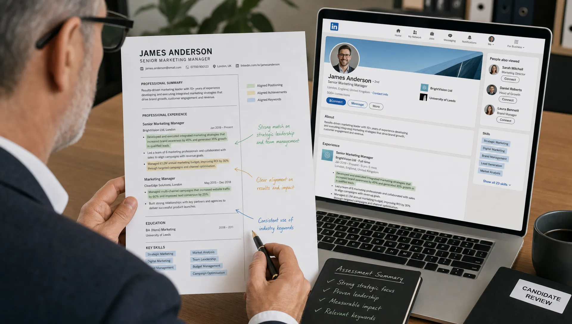 A senior professional reviewing a printed CV beside a laptop showing a LinkedIn profile on screen, with the CV and profile compared side by side and highlighted sections marking aligned positioning, achievements, and keywords.