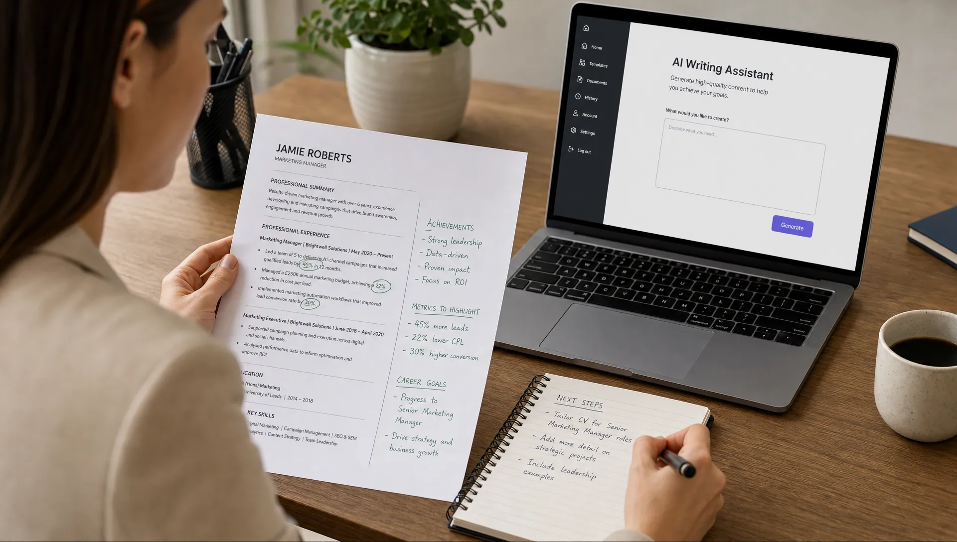 A professional reviews a personalised CV draft with notes on achievements, metrics and career goals beside a laptop showing an AI writing tool screen, with nothing displayed behind the laptop screen.