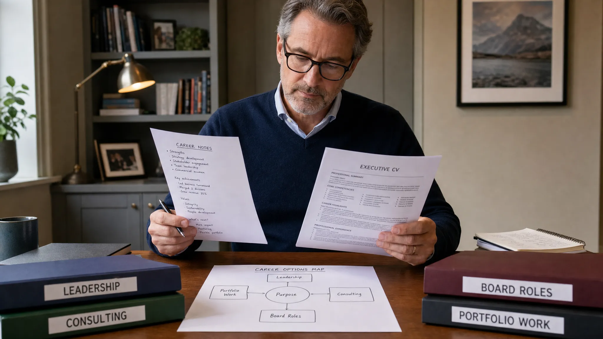 A senior professional in their fifties reviews printed career notes, a refined executive CV, and a simple career options map on a desk, with folders labelled leadership, consulting, board roles, and portfolio work.
