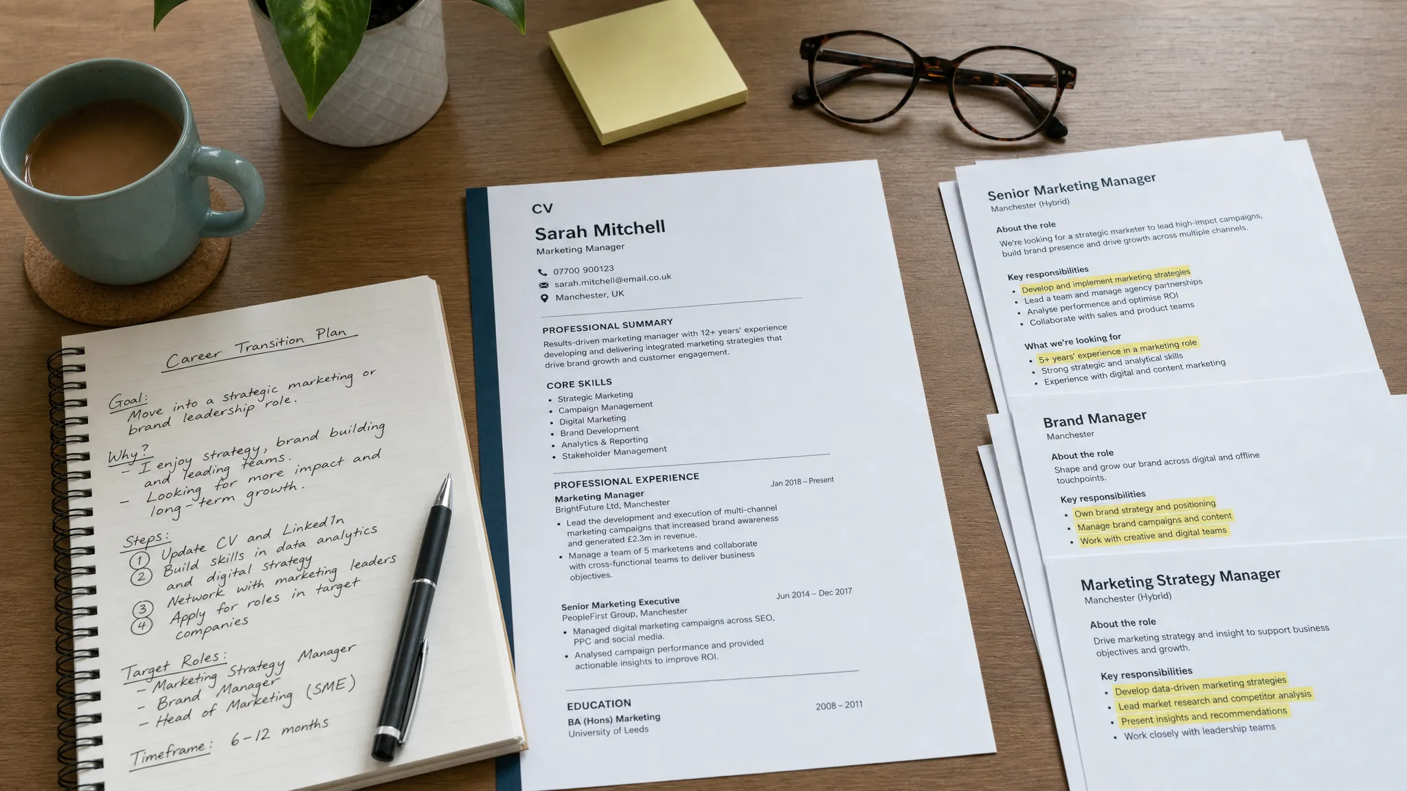 A neatly arranged desk with a printed CV, handwritten career planning notes, a pen, and highlighted job descriptions laid out for a mid-career transition plan.