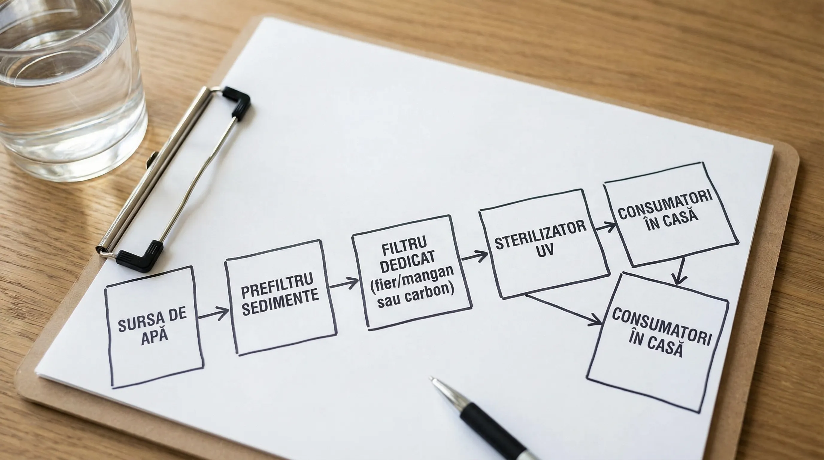 Diagramă simplă cu 5 blocuri, de la stânga la dreapta: sursă de apă, prefiltru de sedimente, filtru dedicat (fier/mangan sau carbon), sterilizator UV, consumatori în casă.