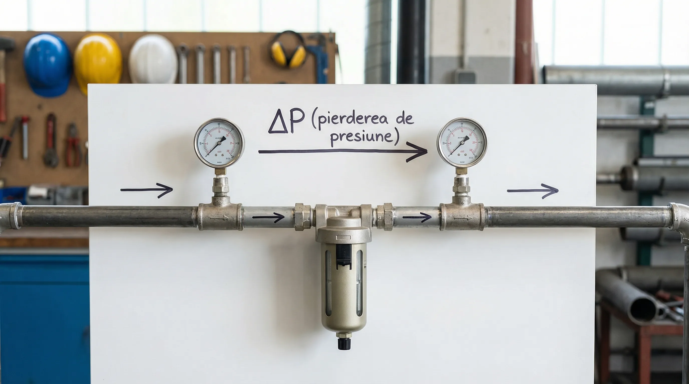 Diagramă simplă cu o țeavă, un filtru montat pe linie și două manometre: unul înainte și unul după filtru. Săgeți indică sensul de curgere, iar diferența dintre valori este marcată ca ΔP (pierderea de presiune).