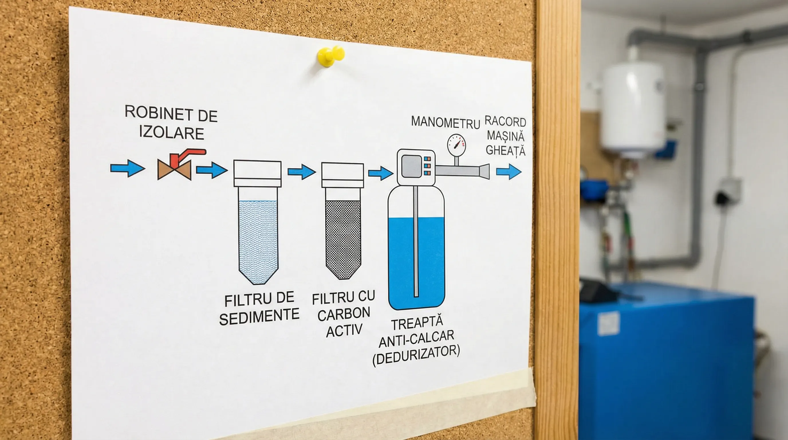 Schemă simplificată pentru alimentarea unei mașini de gheață cu apă: robinet de izolare, filtru de sedimente, filtru cu carbon activ, treaptă anti-calcar (dedurizator sau cartuș dedicat), manometru/indicator de colmatare și racord către mașina de gheață.