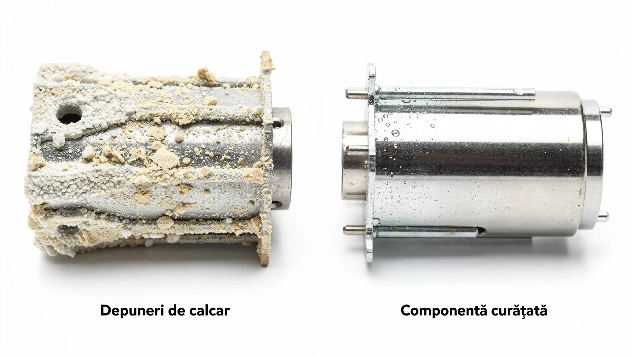 Fotografie comparativă: componentă de mașină de gheață cu depuneri de calcar evidente pe suprafețe metalice versus componentă curățată, pentru a ilustra impactul durității asupra echipamentului.