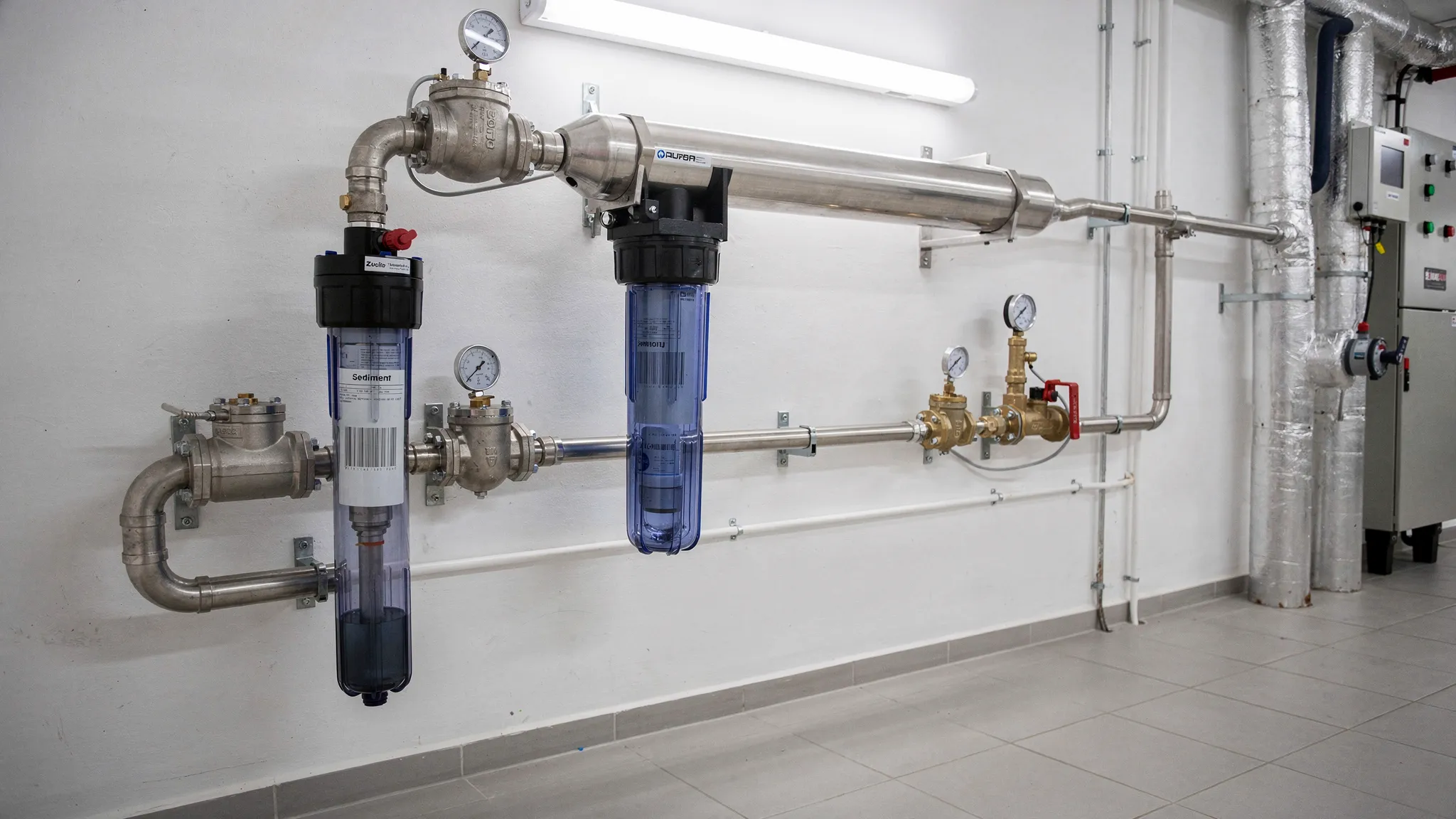 Instalație de tratare a apei într-o cameră tehnică, cu prefiltru de sedimente, carcasă de filtrare și un sterilizator UV montat pe orizontală pe conducta principală, cu robineți de izolare și bypass pentru service.