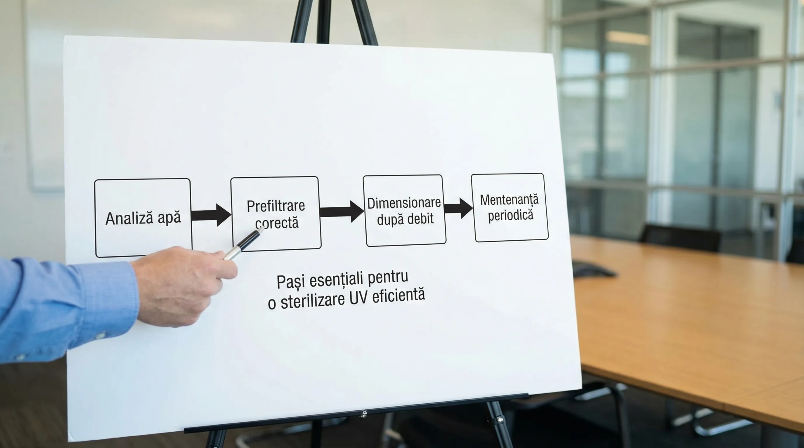 Diagramă simplă cu 4 casete conectate în linie: Analiză apă, Prefiltrare corectă, Dimensionare după debit, Mentenanță periodică, sugerând pașii esențiali pentru o sterilizare UV eficientă.