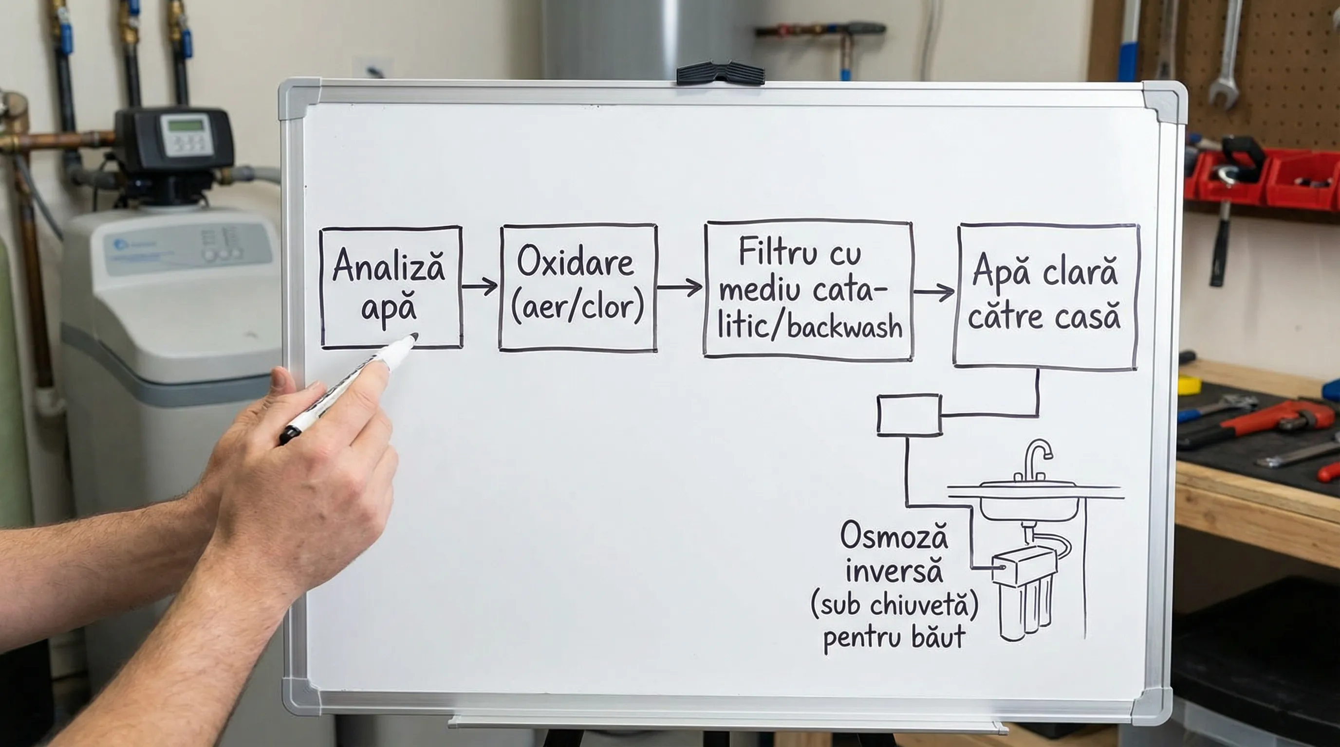 Diagramă simplă cu 4 blocuri: Analiză apă -> Oxidare (aer/clor) -> Filtru cu mediu catalitic/backwash -> Apă clară către casă; ramură separată sub chiuvetă către osmoză inversă pentru băut.