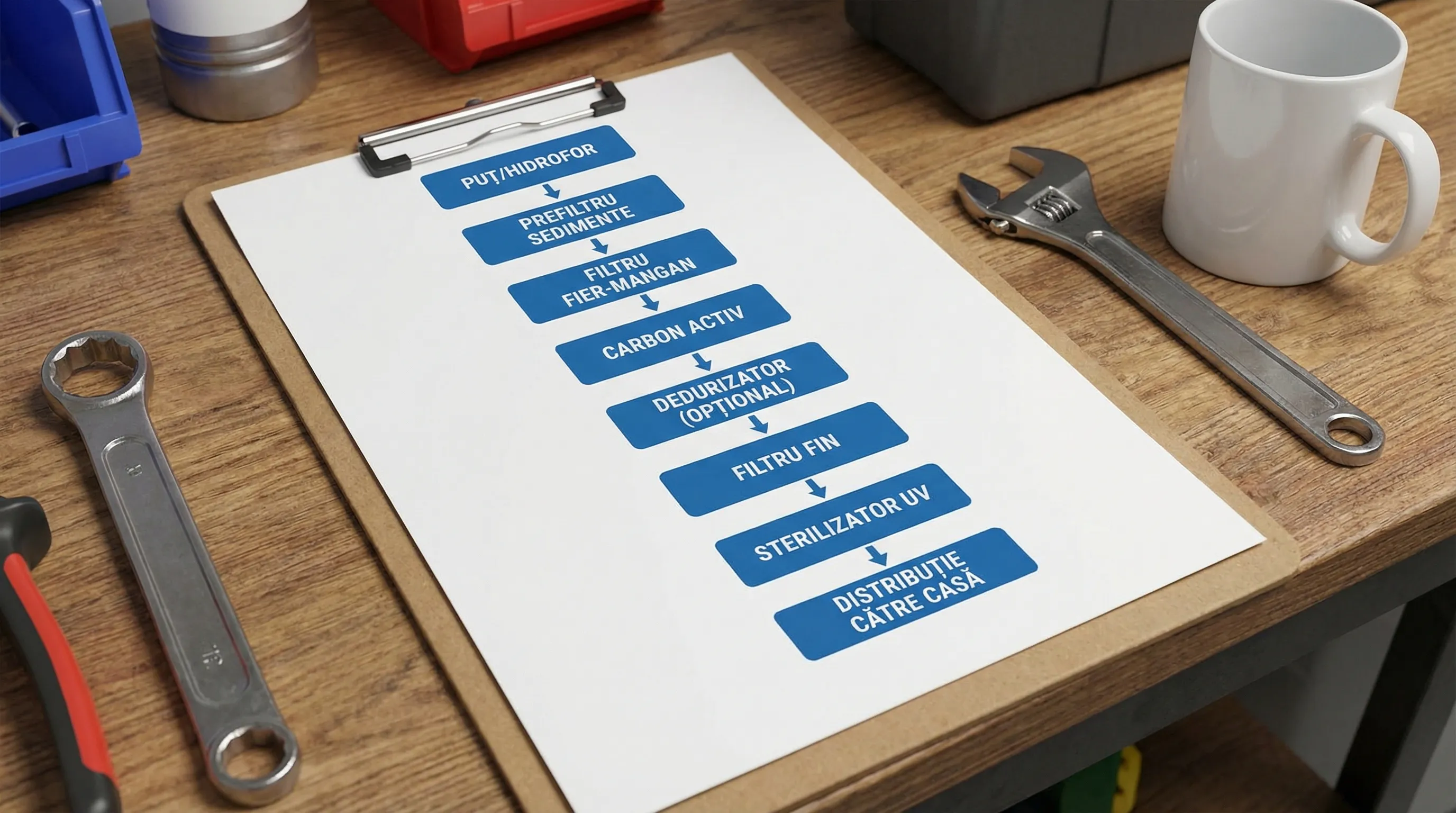 Diagramă simplă cu ordinea echipamentelor într-o schemă de tratare: puț/hidrofor, prefiltru sedimente, filtru fier-mangan, carbon activ, dedurizator (opțional), filtru fin, sterilizator UV, apoi distribuție către casă.