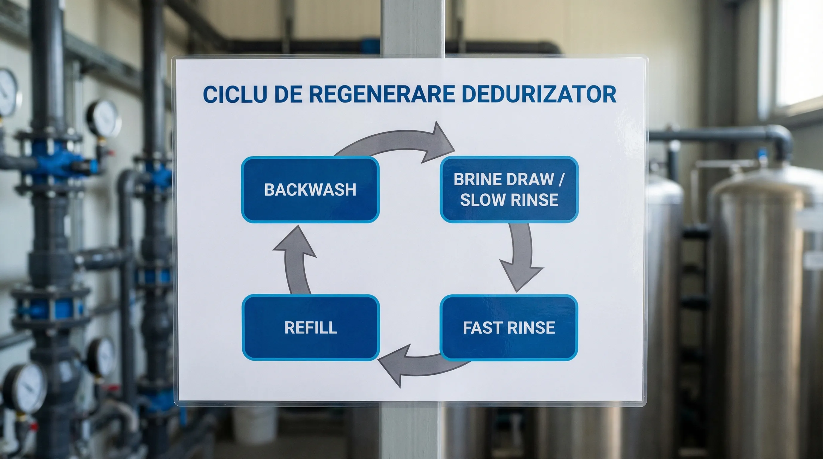 Diagramă simplă a ciclului de regenerare al unui dedurizator, cu 4 blocuri: Backwash, Brine draw/Slow rinse, Fast rinse, Refill, conectate cu săgeți într-o buclă.