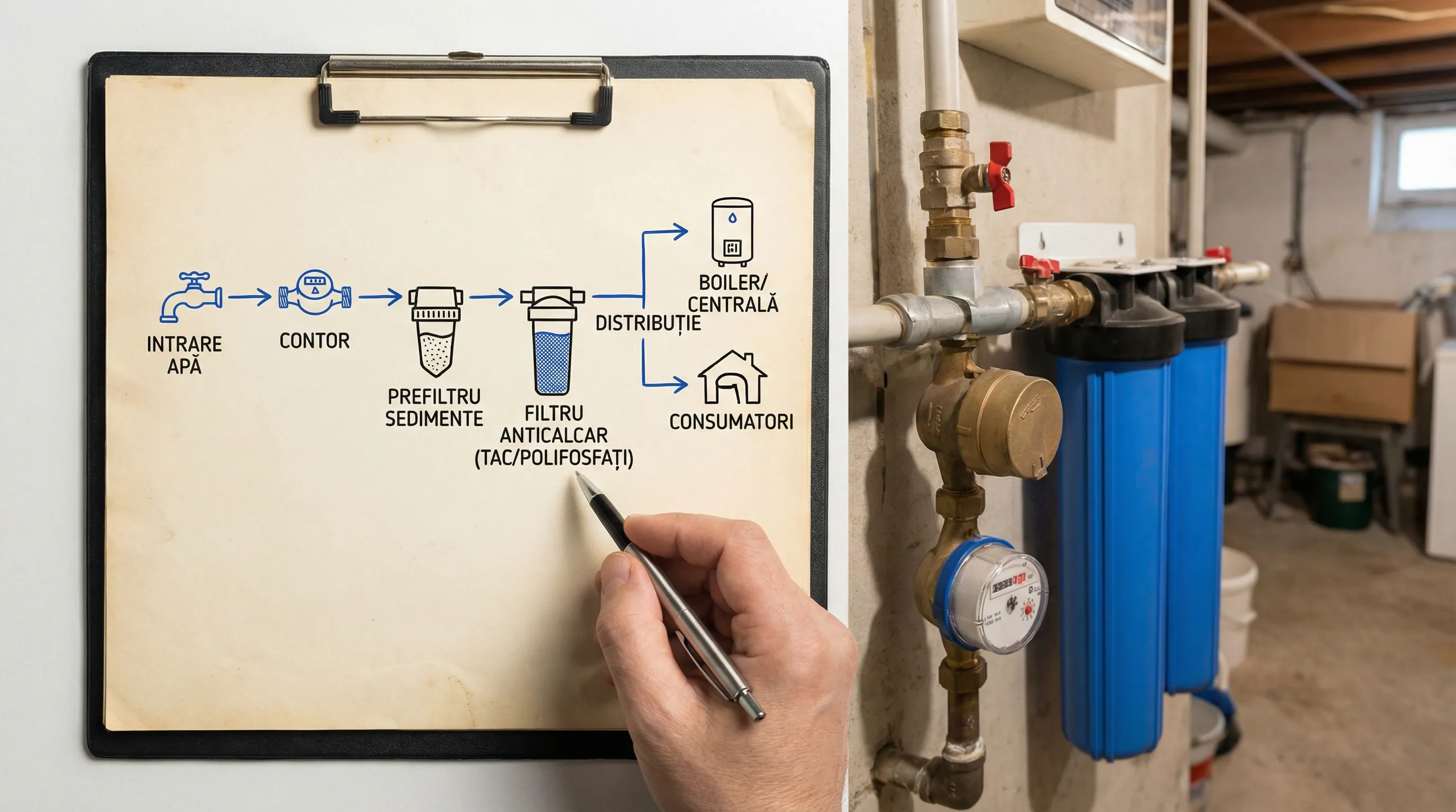 Diagramă simplă de instalație la intrarea în casă: contor, prefiltru de sedimente, filtru anticalcar (TAC sau polifosfați), apoi distribuția către boiler/centrală și consumatori.