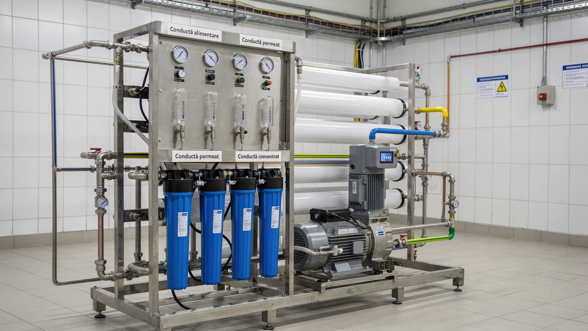Skid de osmoză inversă industrială într-o cameră tehnică, cu prefiltre, pompă de înaltă presiune, vase de presiune pentru membrane, debitmetre și manometre montate pe panou, plus conducte de alimentare, permeat și concentrat clar etichetate.