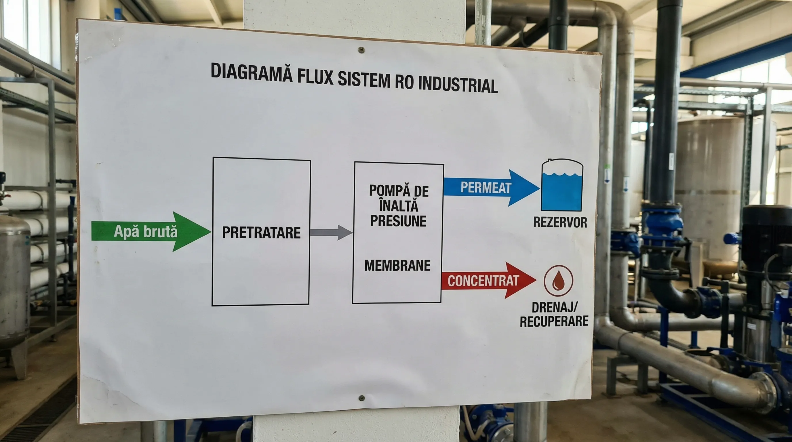 Diagramă simplă cu fluxul unui sistem RO industrial: apă brută -> pretratare -> pompă de înaltă presiune + membrane -> permeat către rezervor, concentrat către drenaj/recuperare.