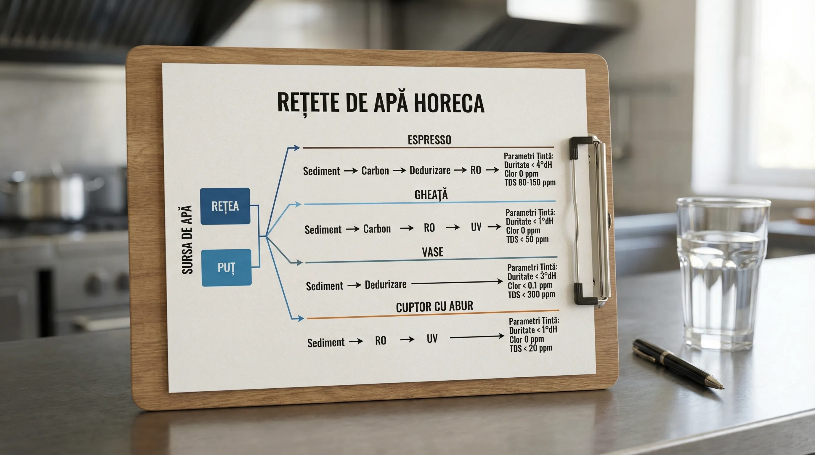 Diagramă simplă cu „rețete de apă” în HORECA: o coloană pentru sursa de apă (rețea/puț), apoi ramificații către linii de consum (espresso, gheață, vase, cuptor cu abur), fiecare cu etape tipice (sediment, carbon, dedurizare, RO, UV) și parametri țintă (duritate, clor, TDS).
