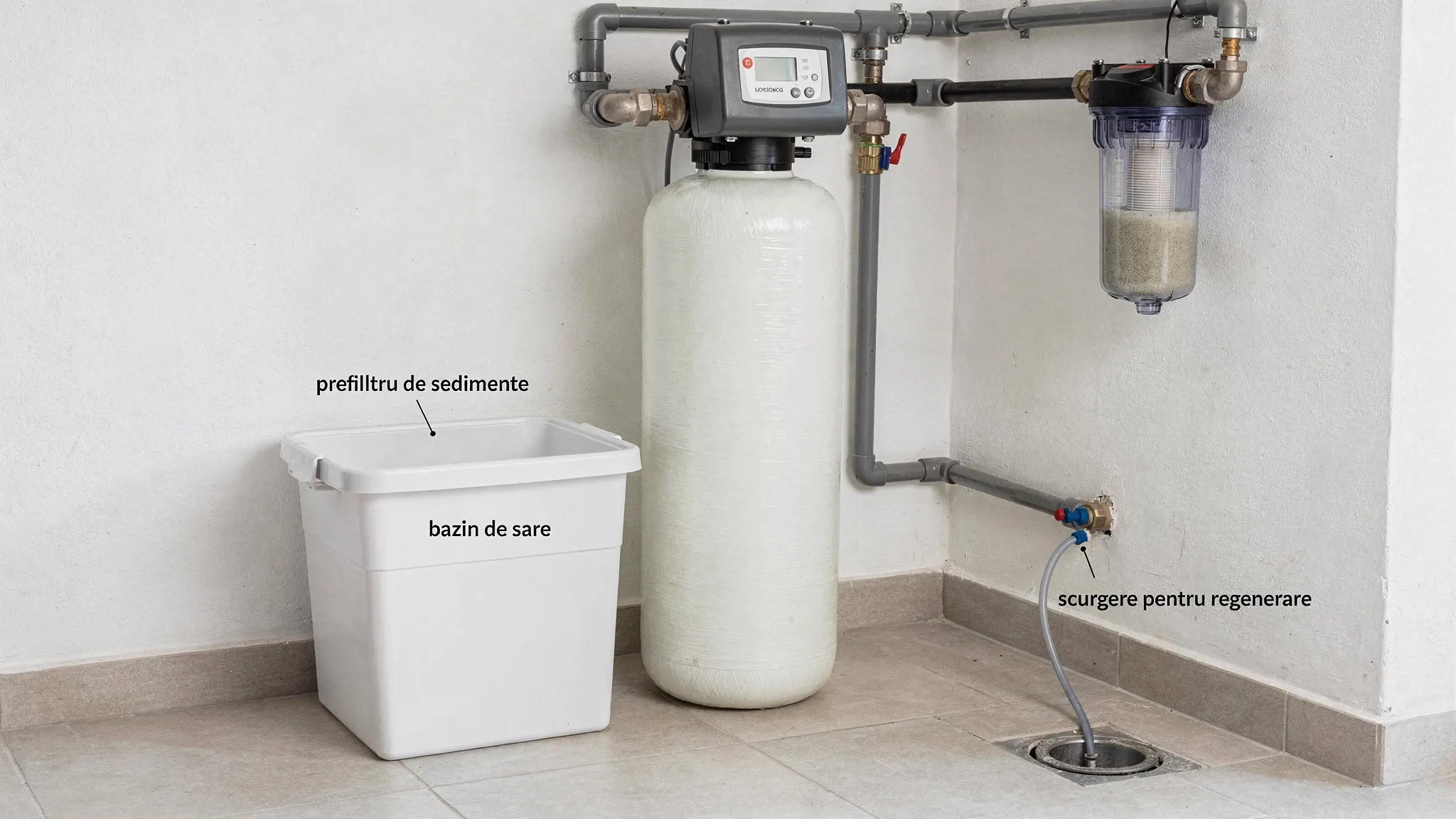 Dedurizator de apă pentru casă cu vană automată și bazin de sare alăturat, instalat lângă un prefiltru de sedimente și o scurgere pentru regenerare.