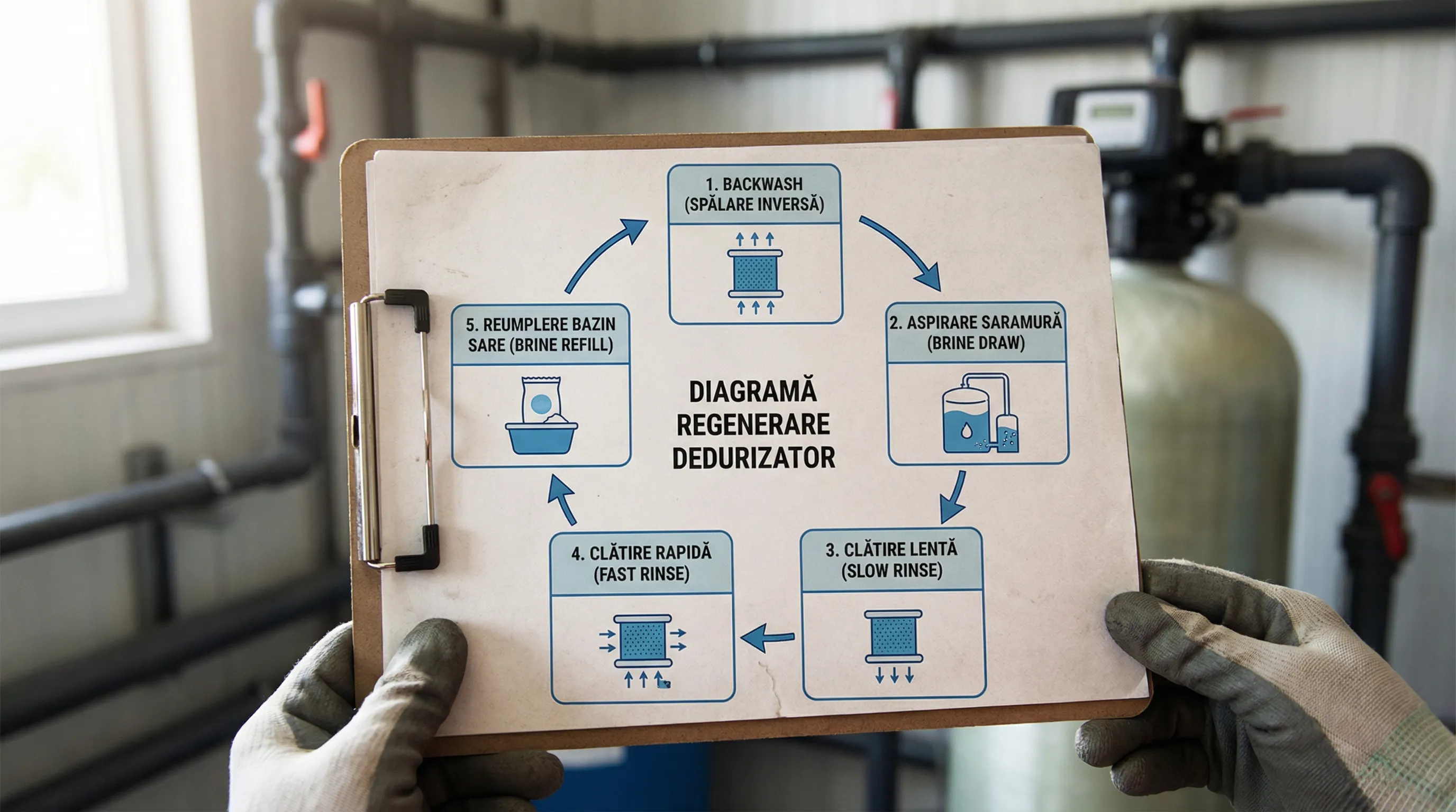 Diagramă simplă cu fazele regenerării la un dedurizator: backwash, aspirare saramură, clătire lentă, clătire rapidă, reumplere bazin de sare.