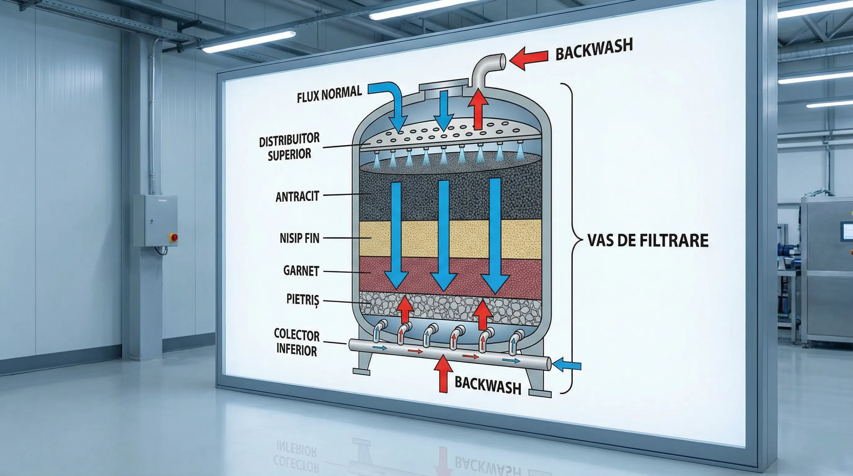 Secțiune schematică printr-un vas de filtrare cu pat stratificat de mediu filtrant, distribuitor superior, colector inferior și săgeți pentru flux normal și backwash.
