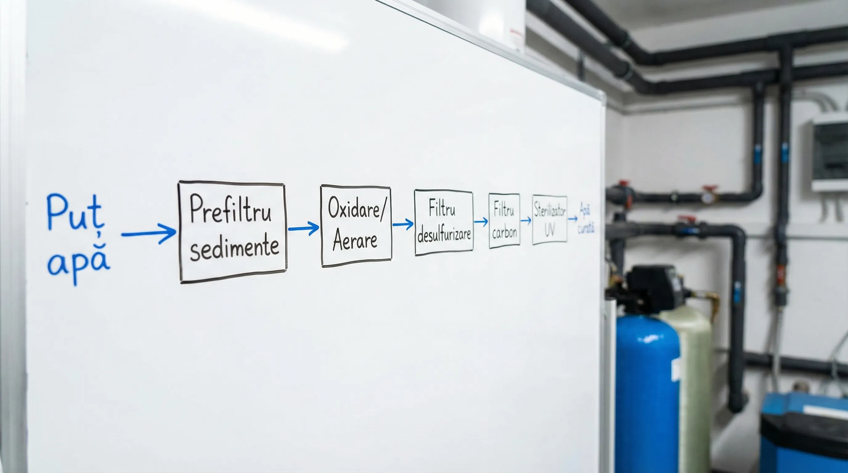 Diagramă simplă a unei instalații pentru apă din puț: prefiltru de sedimente, etapă de oxidare/aerare, filtru cu mediu pentru desulfurizare, filtru cu carbon pentru gust/miros, apoi sterilizator UV.