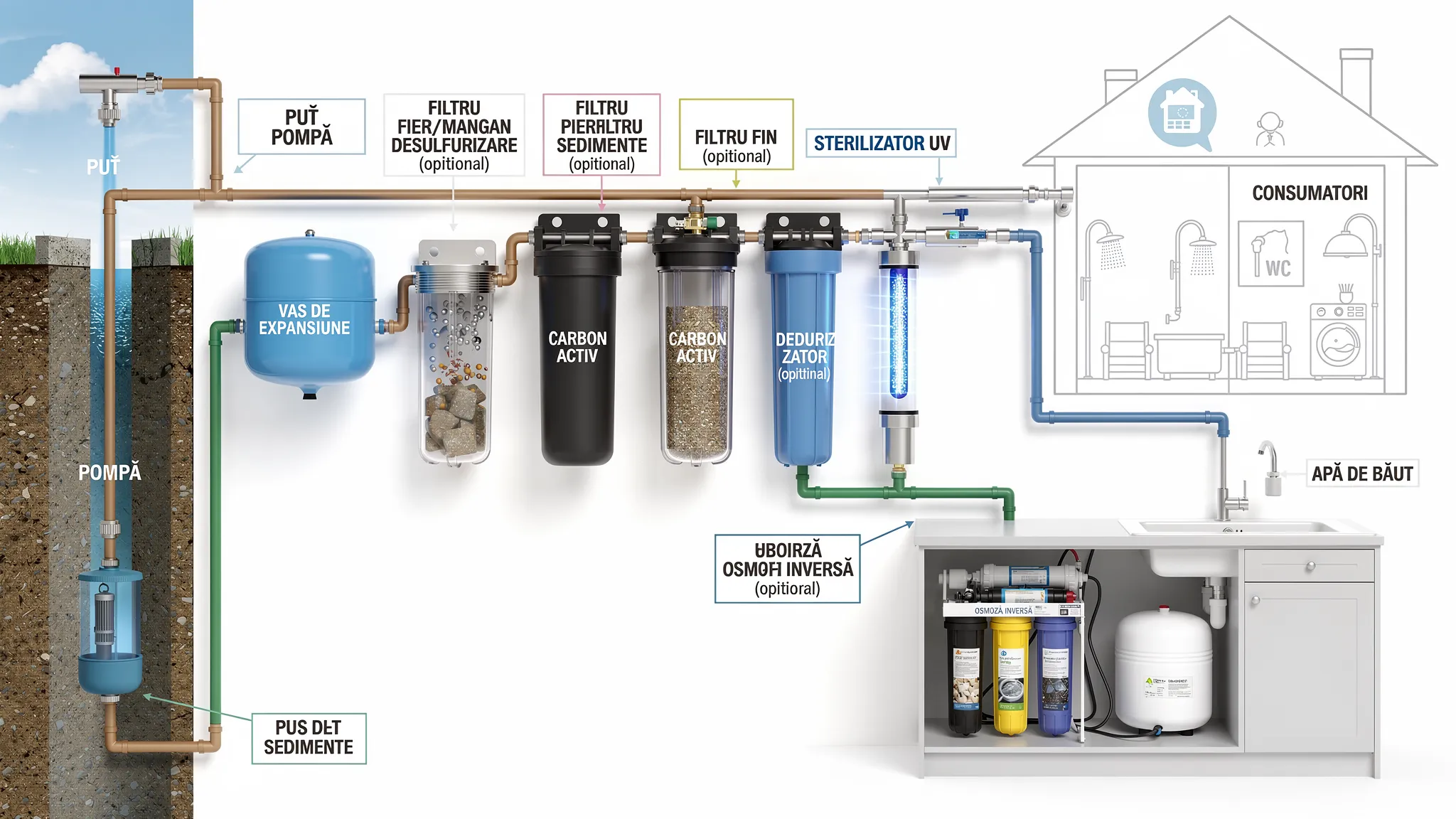 Schemă simplificată a unei instalații de filtrare a apei din puț pentru casă: puț și pompă, vas de expansiune, prefiltru sedimente, filtru fier/mangan sau desulfurizare (opțional), carbon activ, dedurizator (opțional), filtru fin, sterilizator UV, apoi ramificație către consumatori și un sistem de osmoză inversă sub chiuvetă pentru apă de băut.