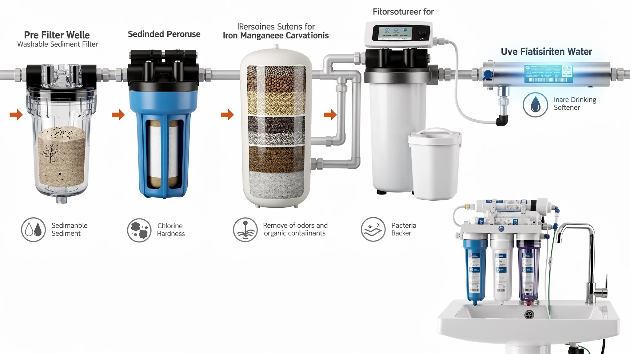 Colaj tehnic cu principalele etape de filtrare pentru apă din puț: prefiltru lavabil pentru sedimente, carcasă cu cartuș de sedimente, vas cu mediu filtrant pentru fier/mangan, filtru cu carbon activ, dedurizator, sterilizator UV montat pe conducta principală și un sistem de osmoză inversă sub chiuvetă.
