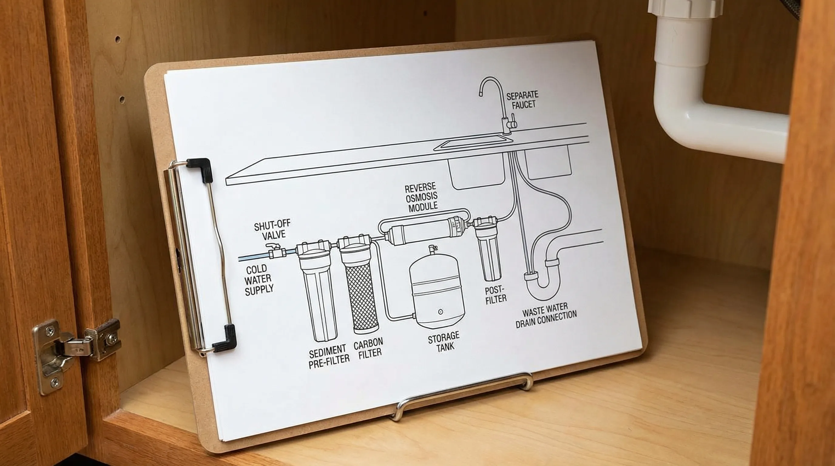 Diagramă simplă a unei instalații sub chiuvetă pentru apă potabilă: alimentare apă rece, robinet de închidere, prefiltru sedimente, filtru carbon, modul osmoză inversă cu rezervor, post-filtru, robinet separat pe blat și conexiune la scurgere pentru apa rejectată.